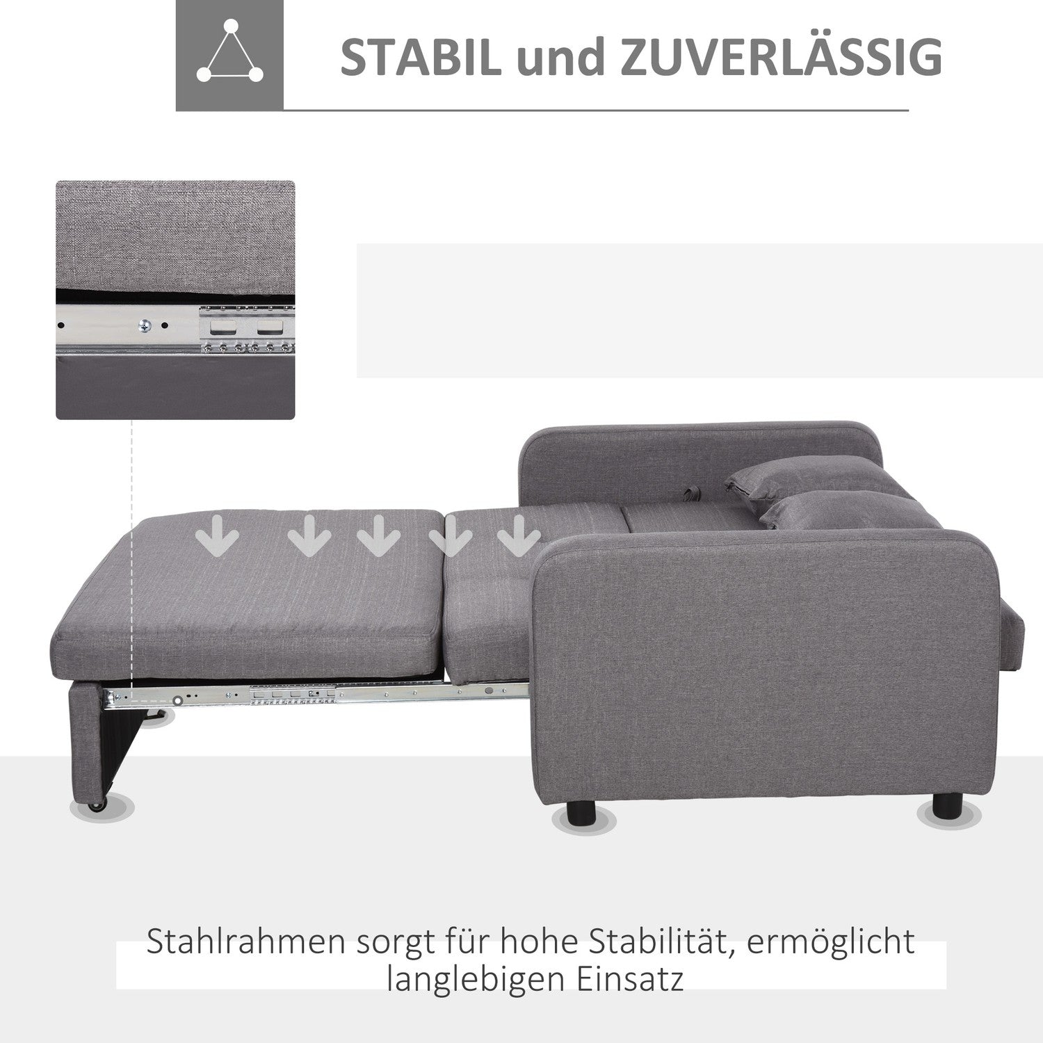 Bäddsoffa med grå linnelook, förvaring och hjul, 2-sits