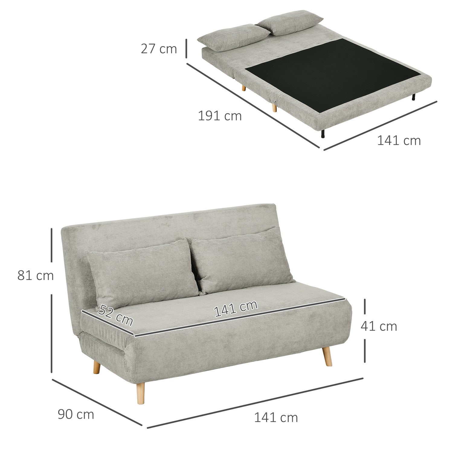 Grå sammetsbäddsoffa med justerbart ryggstöd, 141cm