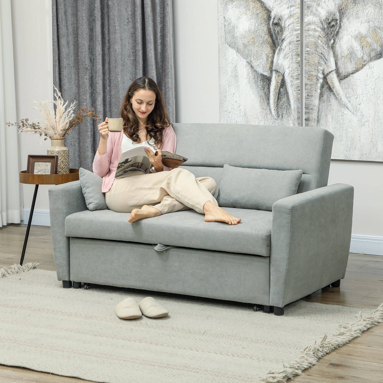 Bäddsoffa i sammetslook, 2-sits, justerbar, ljusgrå