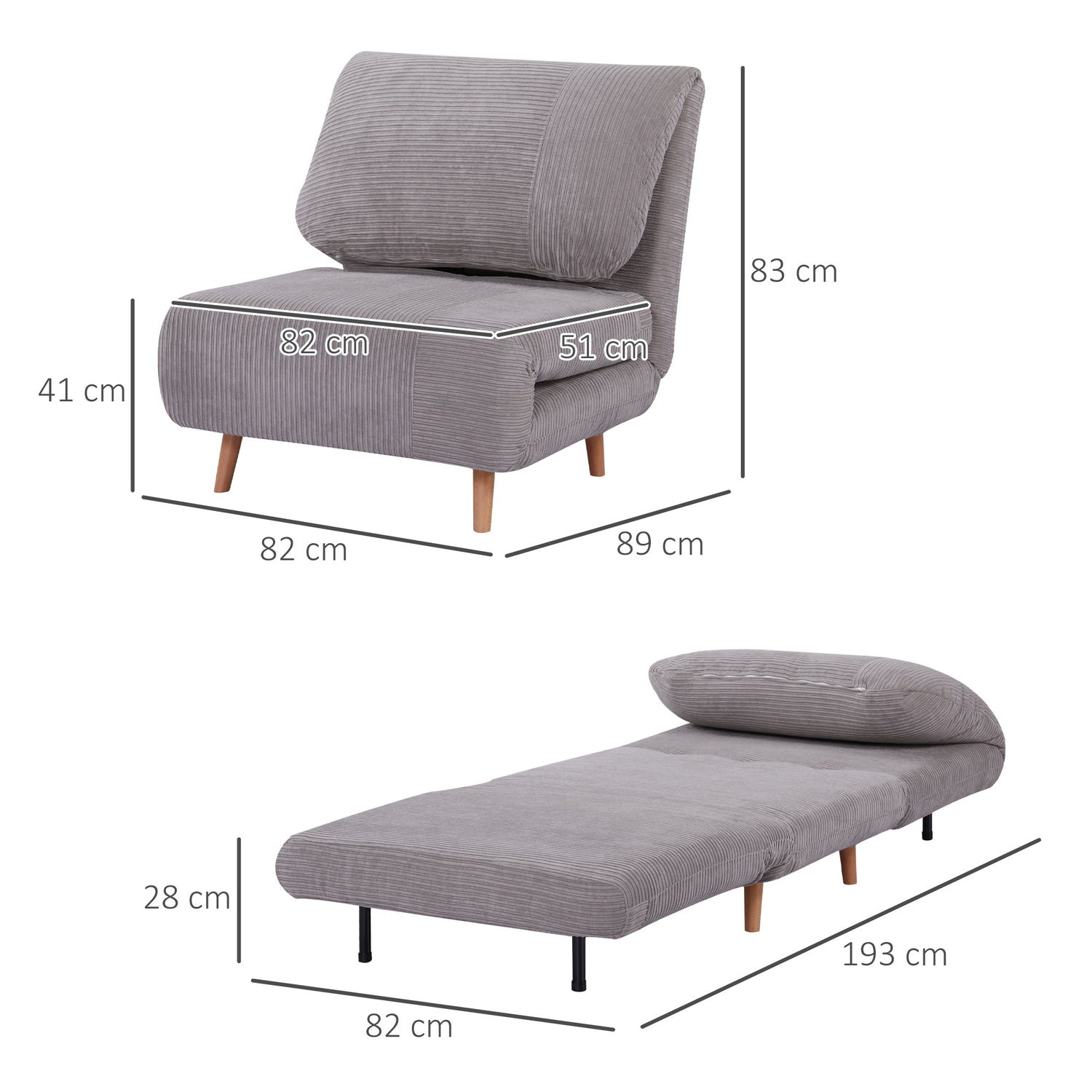Bäddsoffa – justerbar, hopfällbar madrass, ljusgrå