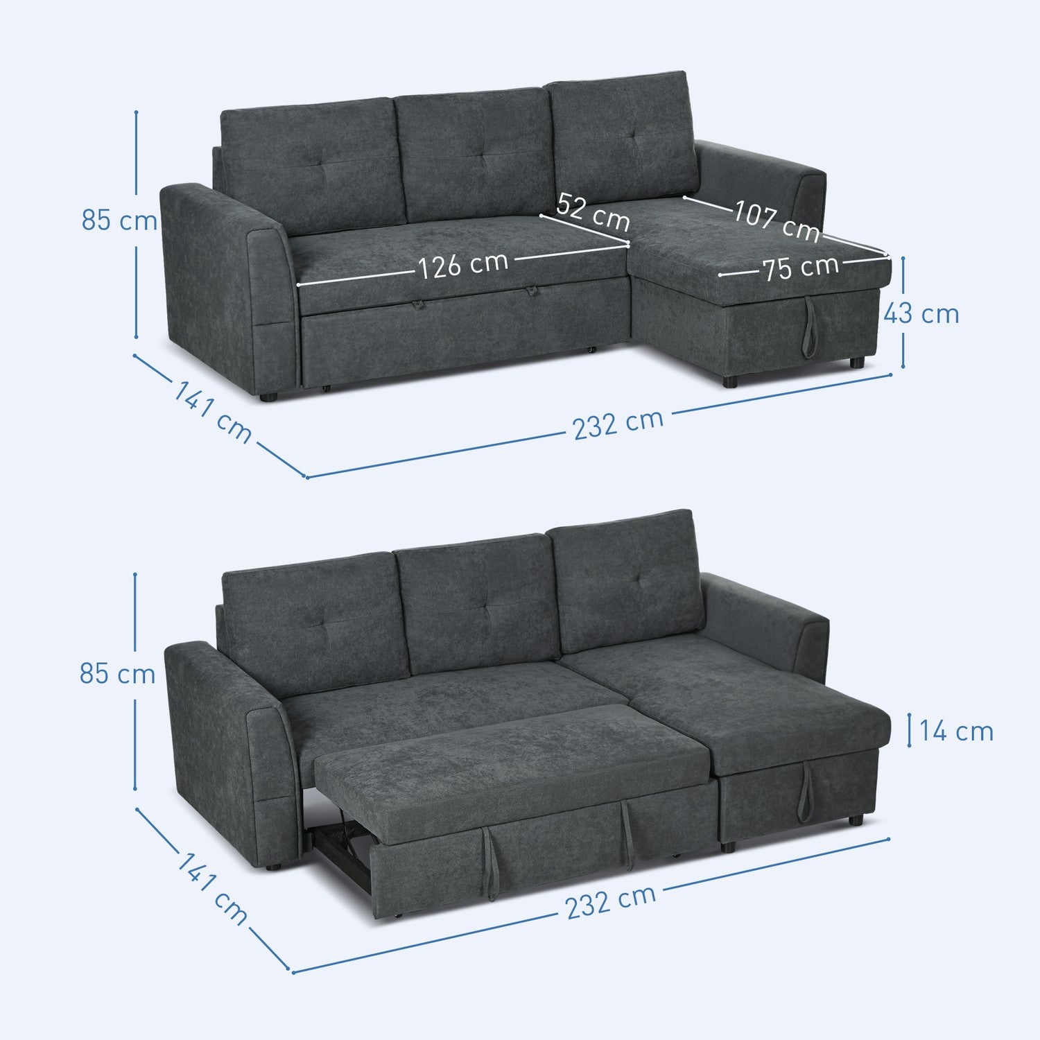 Bäddsoffa med schäslong, 3-sits, mörkgrå