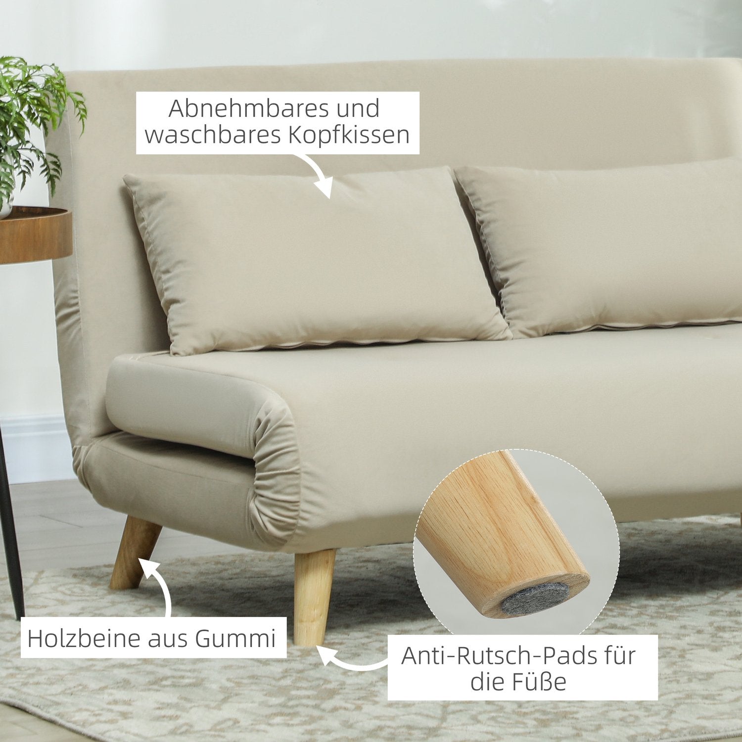 Beige sammetsbäddsoffa med ländkudde – 130 x 78 cm
