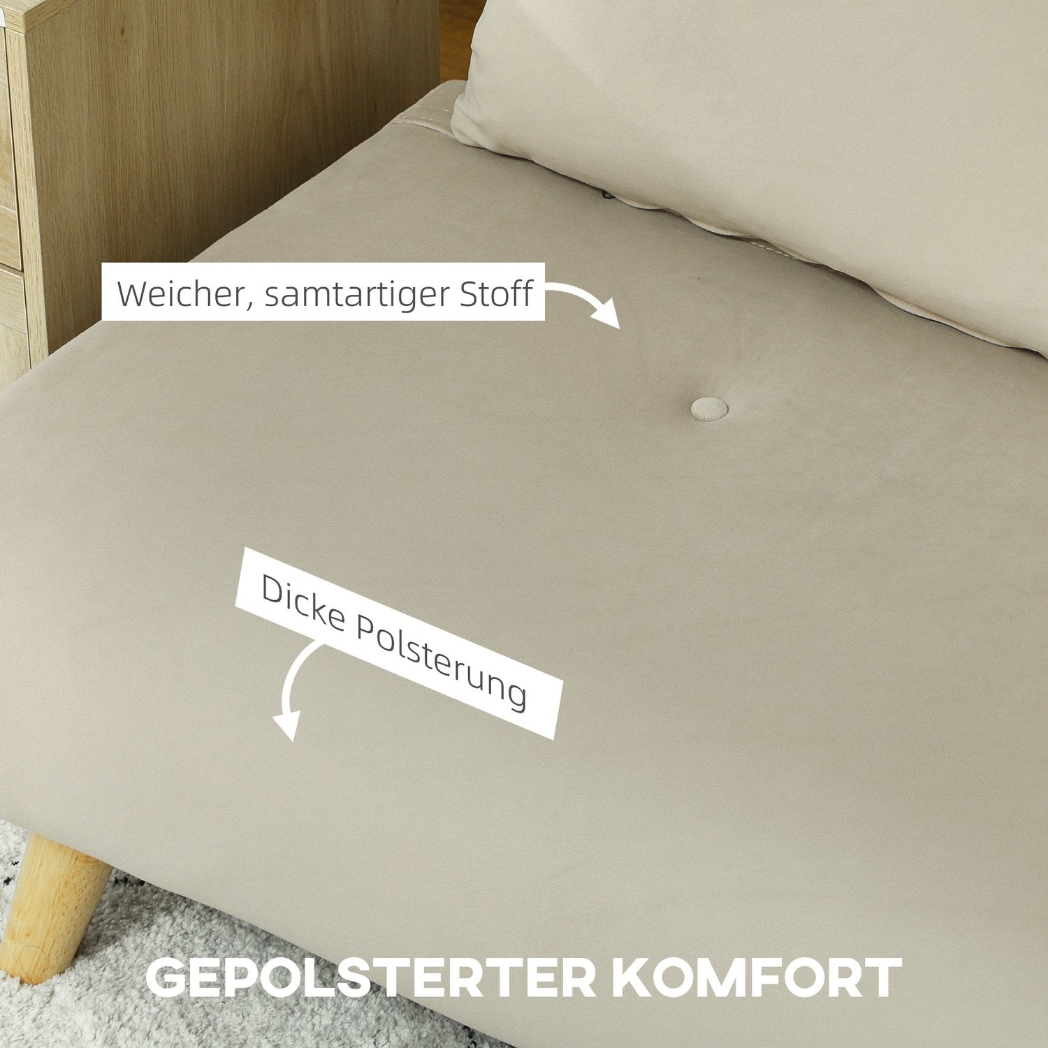 Beige sammetsbäddsoffa med ländkudde – 130 x 78 cm