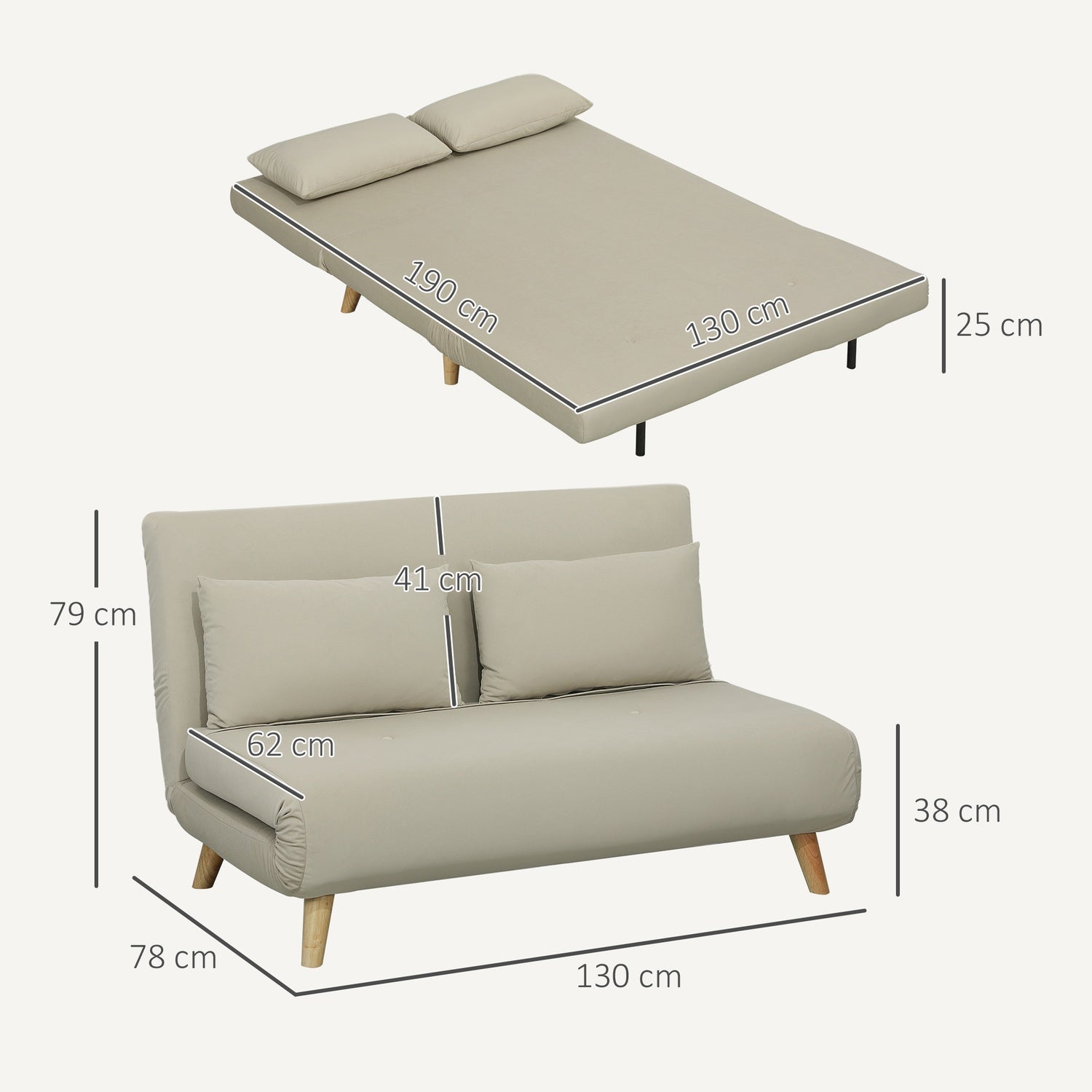 Beige sammetsbäddsoffa med ländkudde – 130 x 78 cm