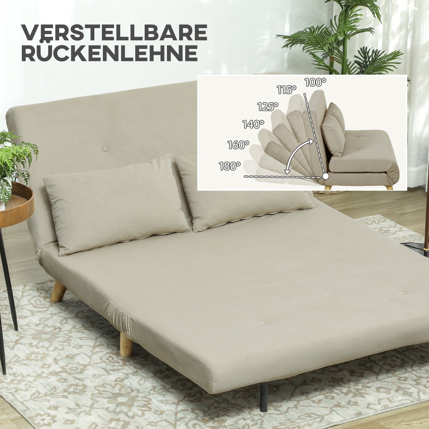 Beige sammetsbäddsoffa med ländkudde – 130 x 78 cm
