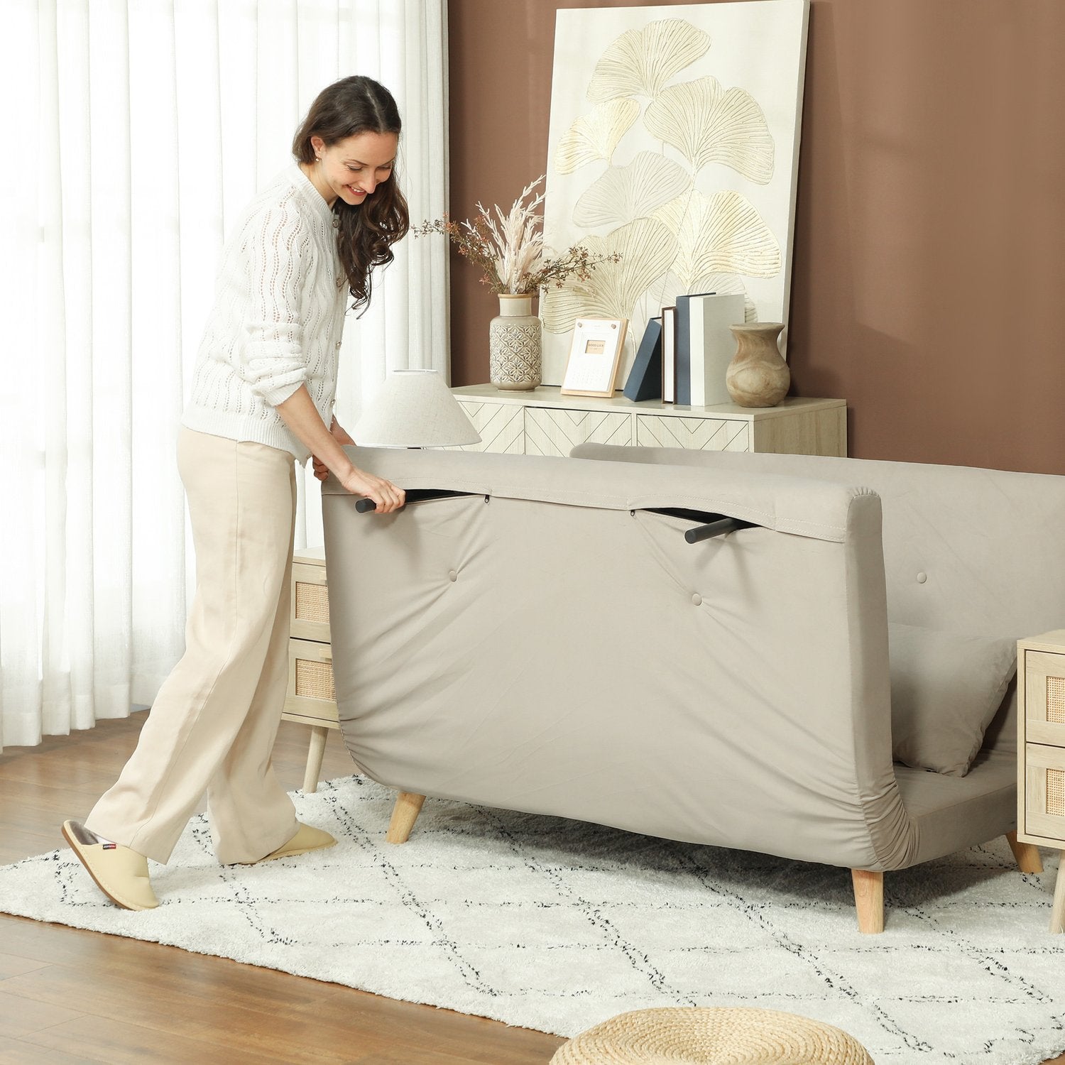 Beige sammetsbäddsoffa med ländkudde – 130 x 78 cm