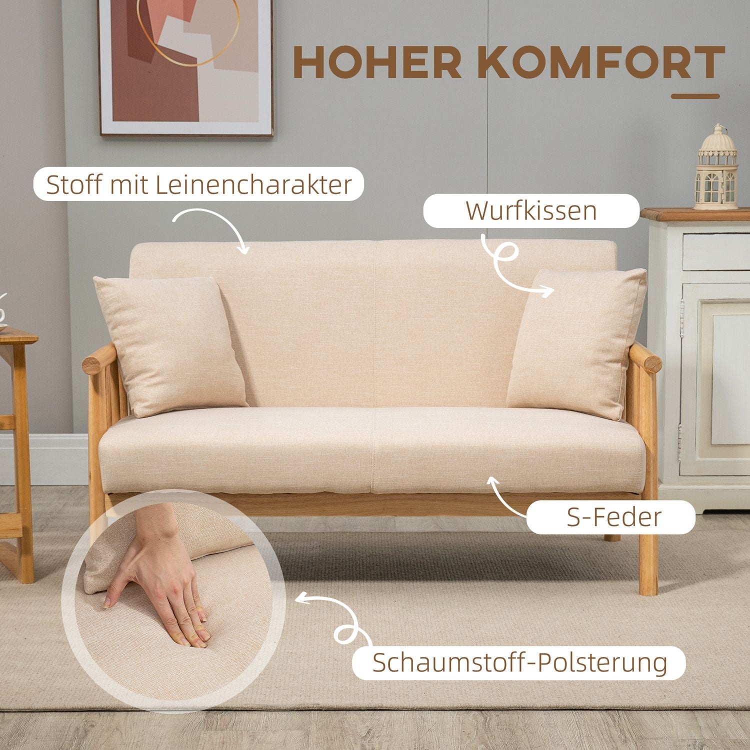 Beige 2-sits soffa med kuddar, linne-look, kompakt