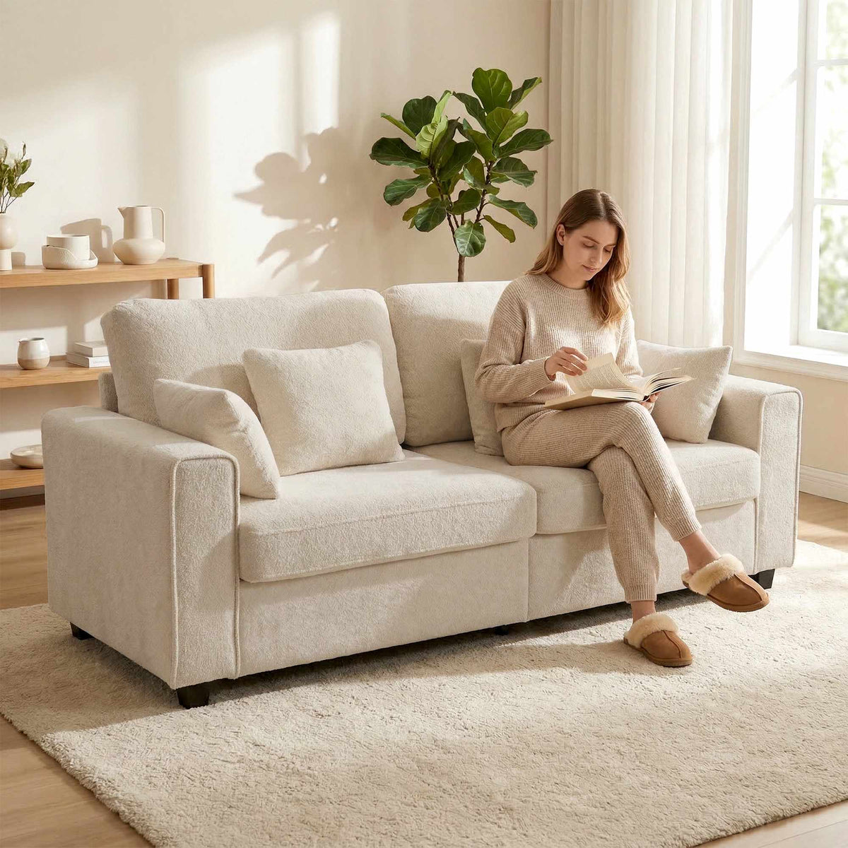 Beige 3-seters sofa med fløyelstrekk og dyp sitteflate