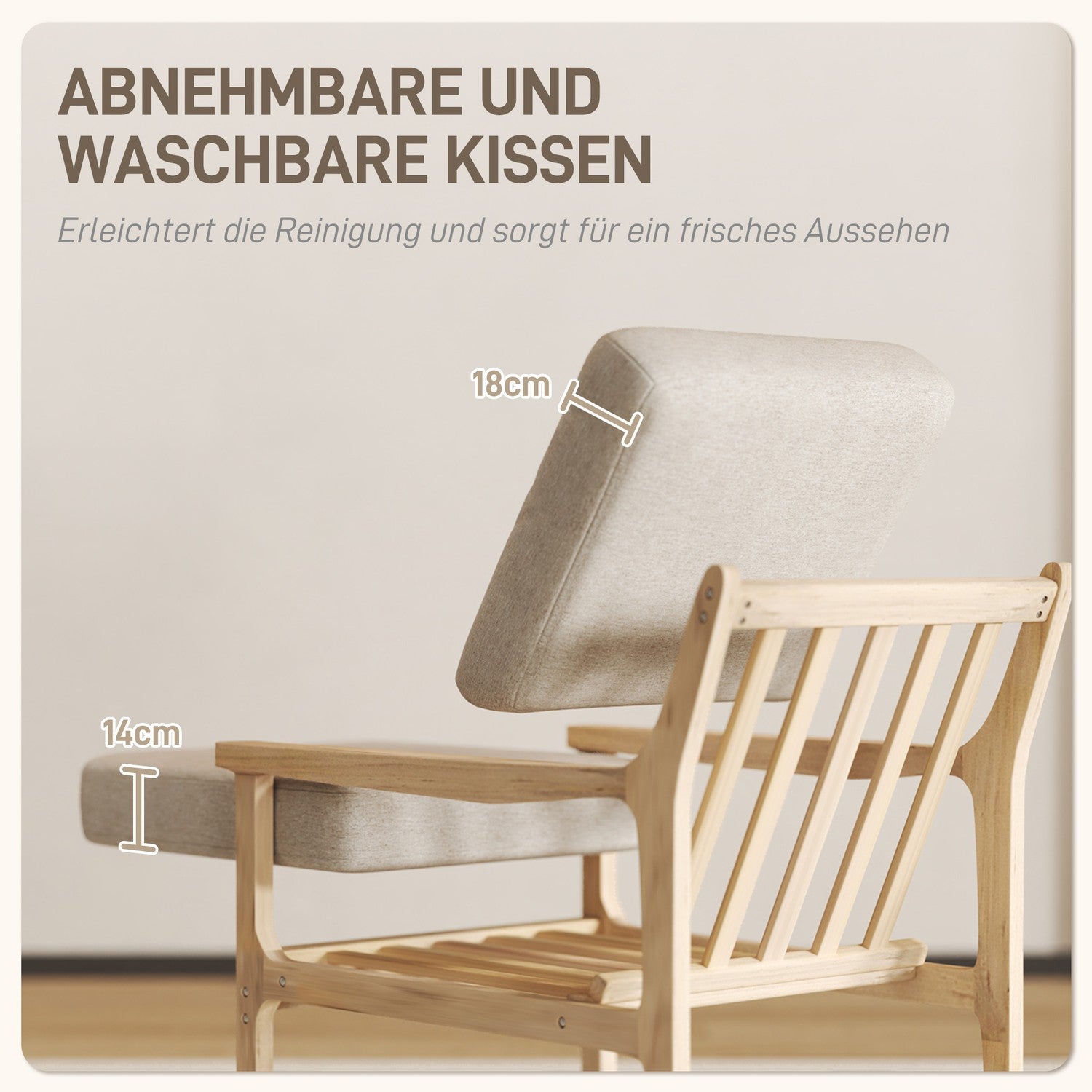 Beige fåtölj i linnelook med träben och avtagbara kuddar