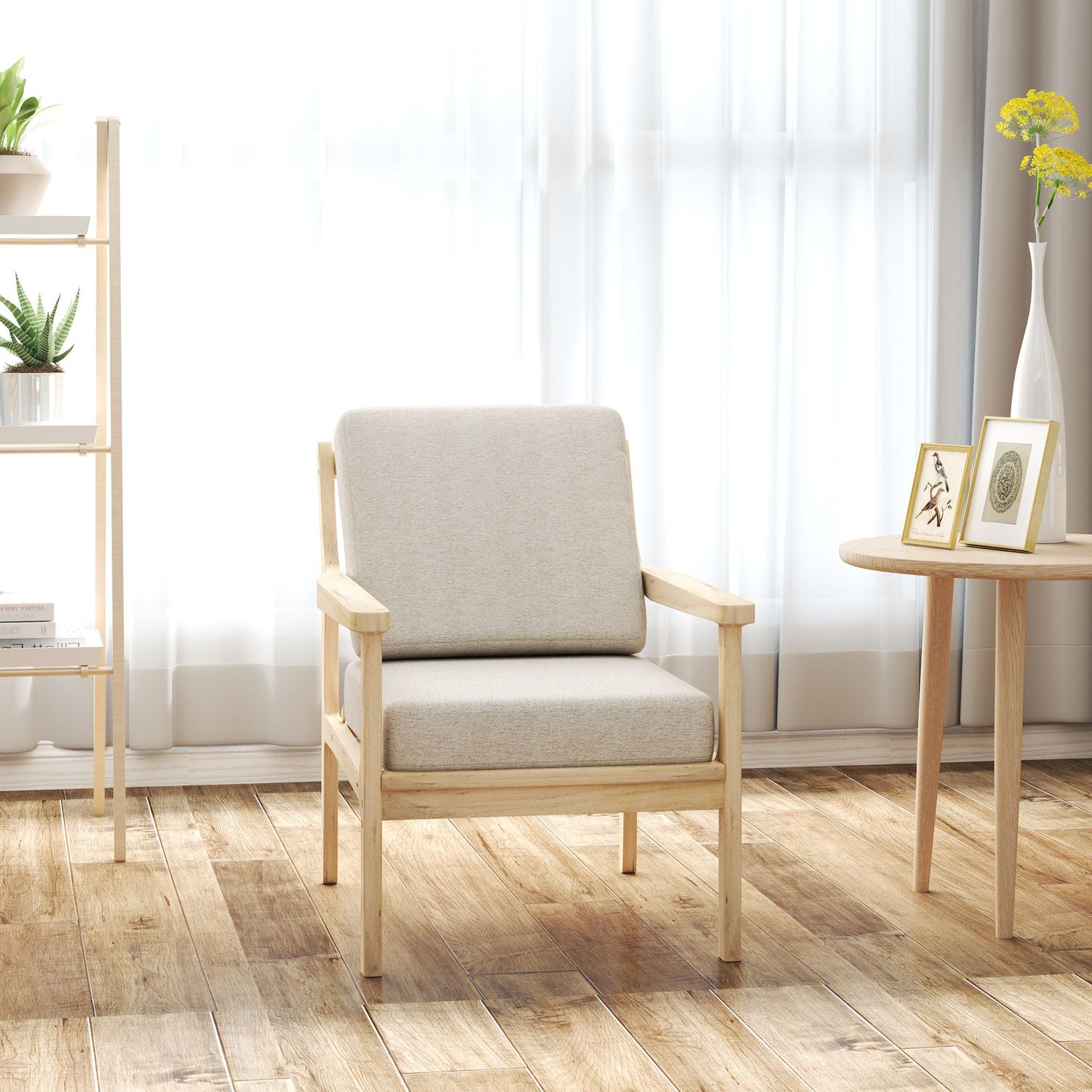 Beige fåtölj i linnelook med träben och avtagbara kuddar