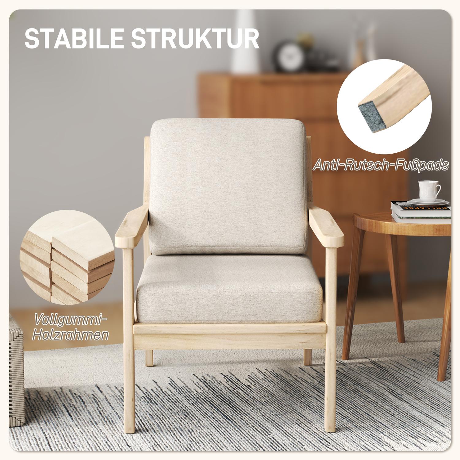 Beige fåtölj i linnelook med träben och avtagbara kuddar