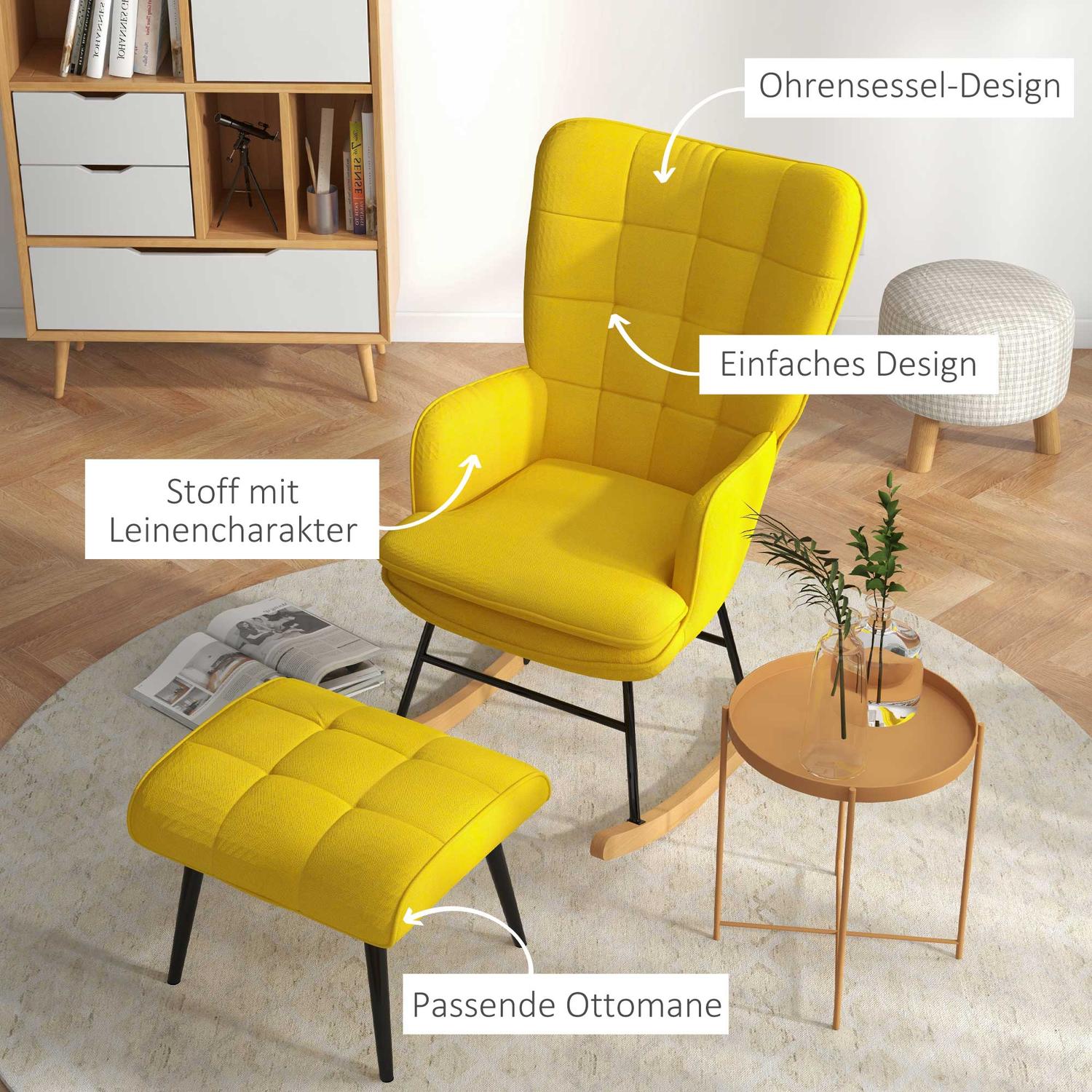Beige gungstol i linne-look med ottoman, 130 kg Kapacitet
