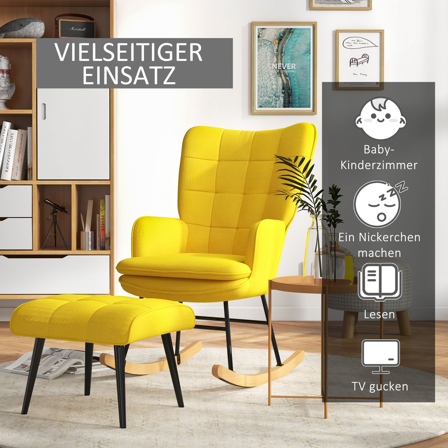 Beige gungstol i linne-look med ottoman, 130 kg Kapacitet