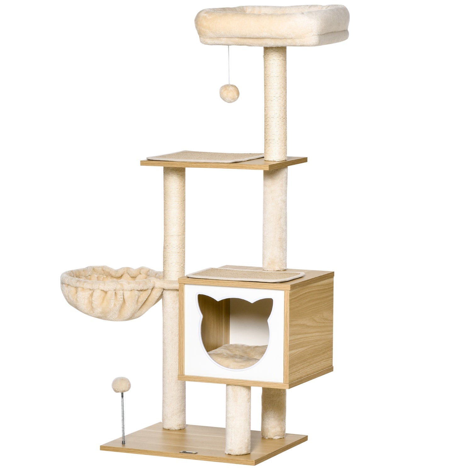 Beige kattträd med grotta och sisalstolpar, 126 Cm
