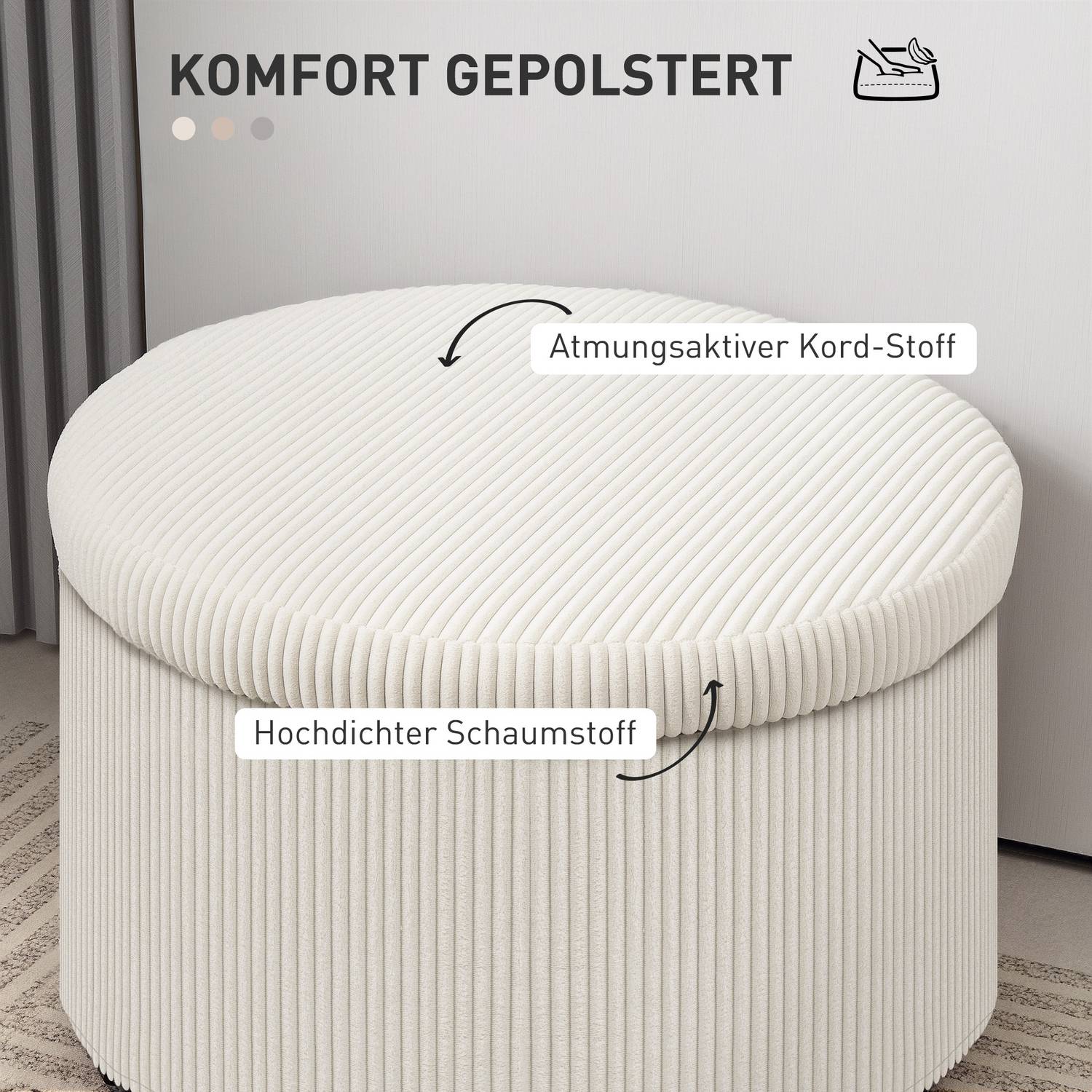 Beige rund ottomansk pall med förvaring, 60x60x41 cm