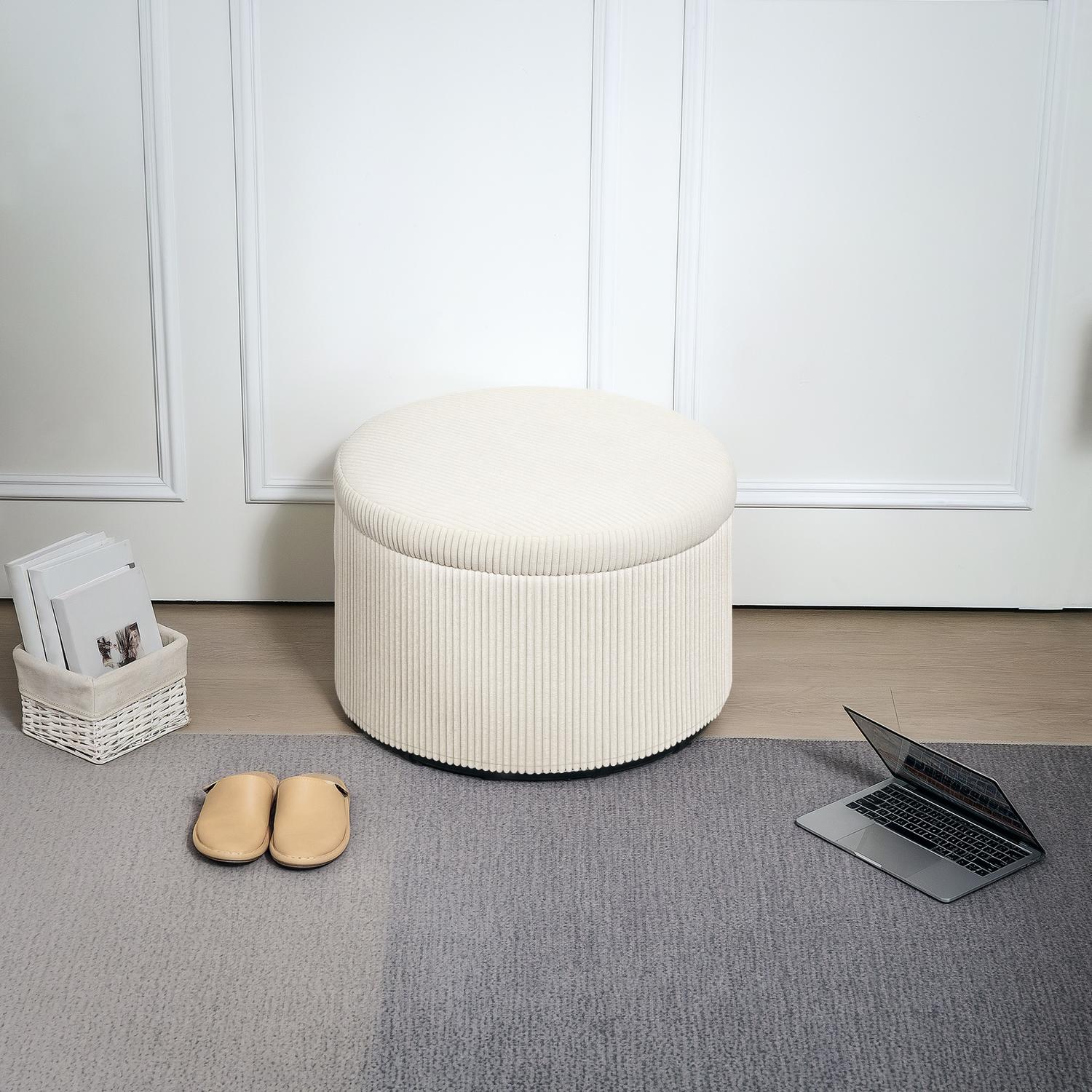 Beige rund ottomansk pall med förvaring, 60x60x41 cm