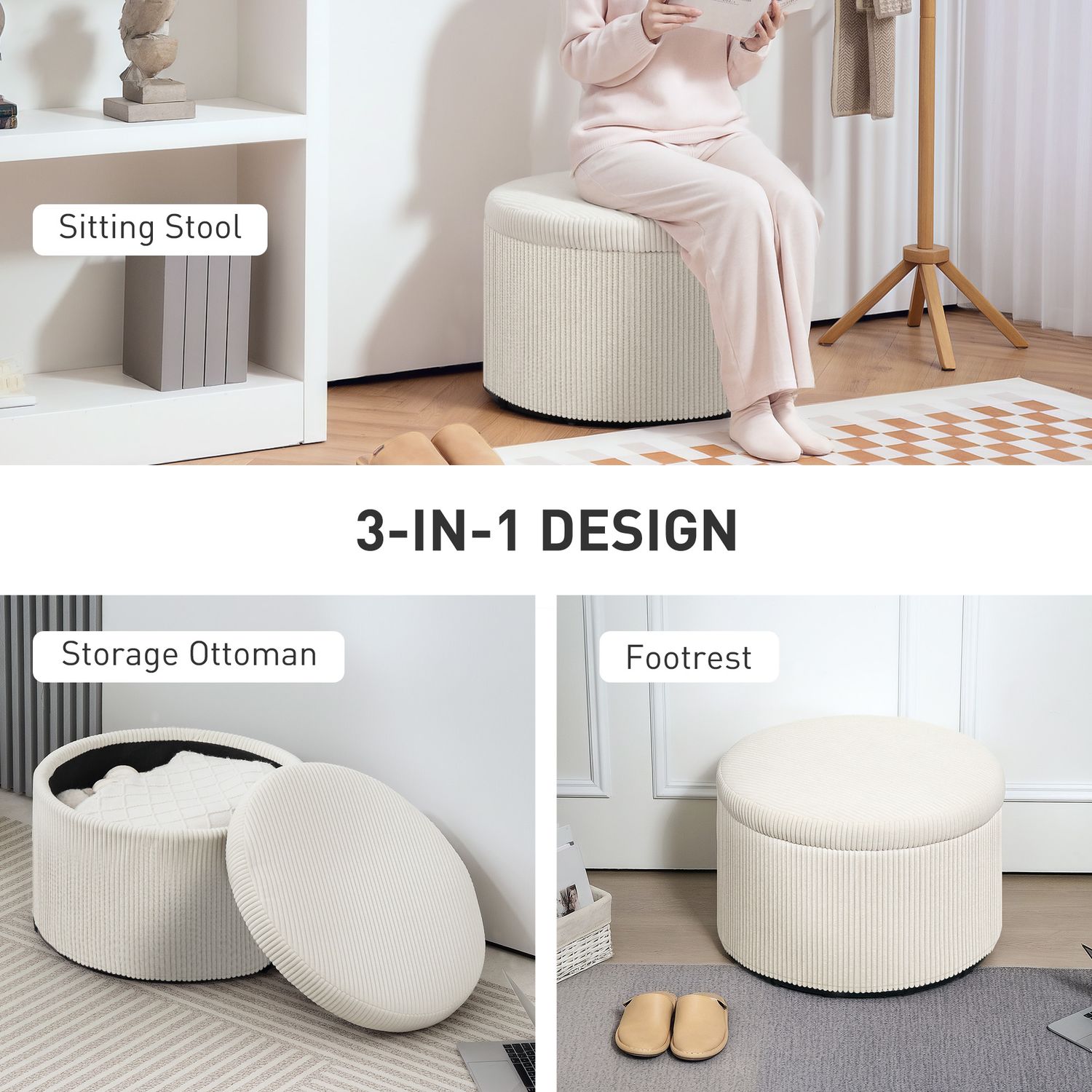 Beige rund ottomansk pall med förvaring, 60x60x41 cm