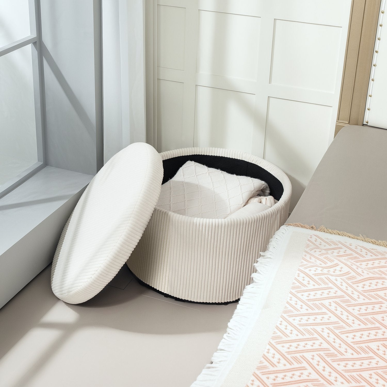 Beige rund ottomansk pall med förvaring, 60x60x41 cm