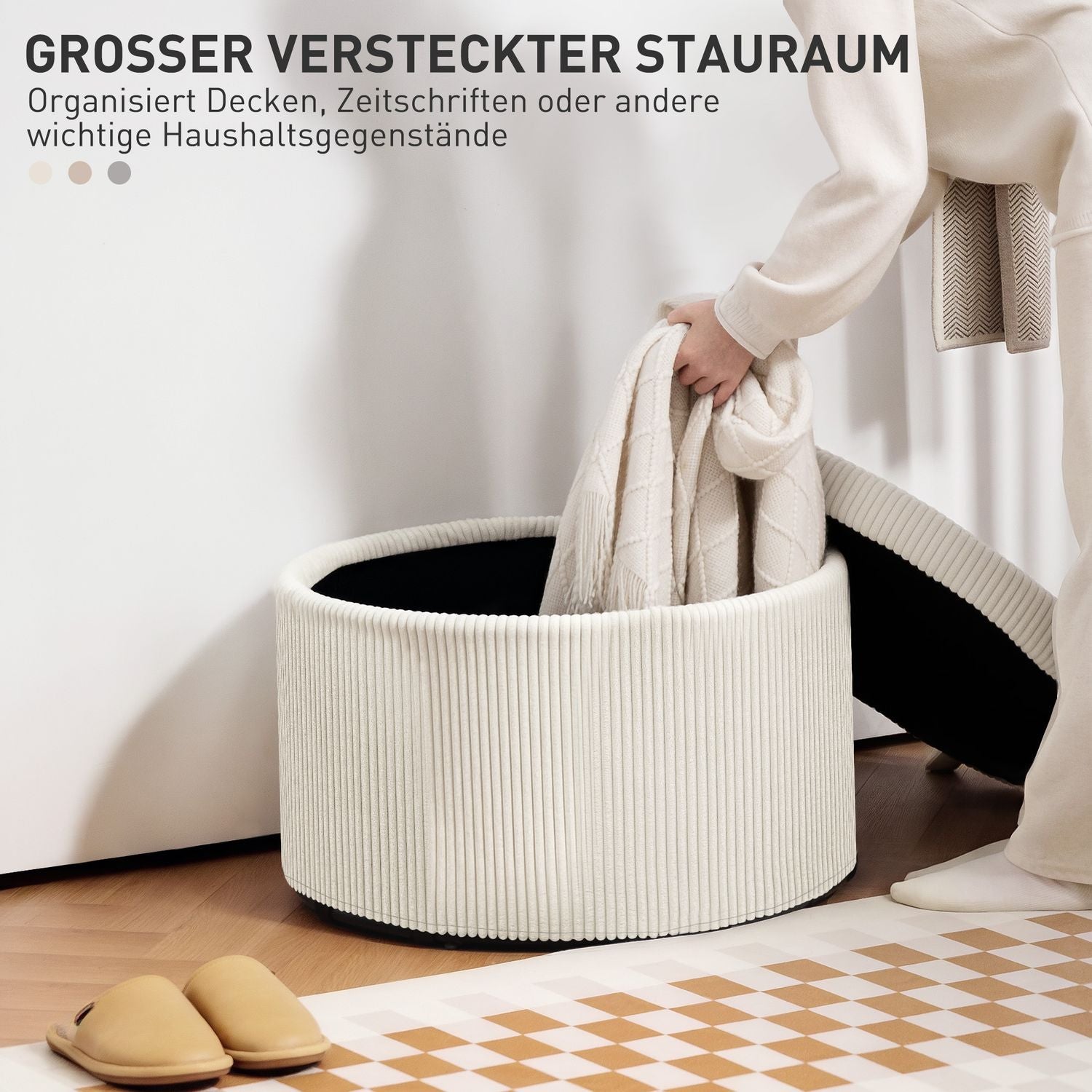 Beige rund ottomansk pall med förvaring, 60x60x41 cm
