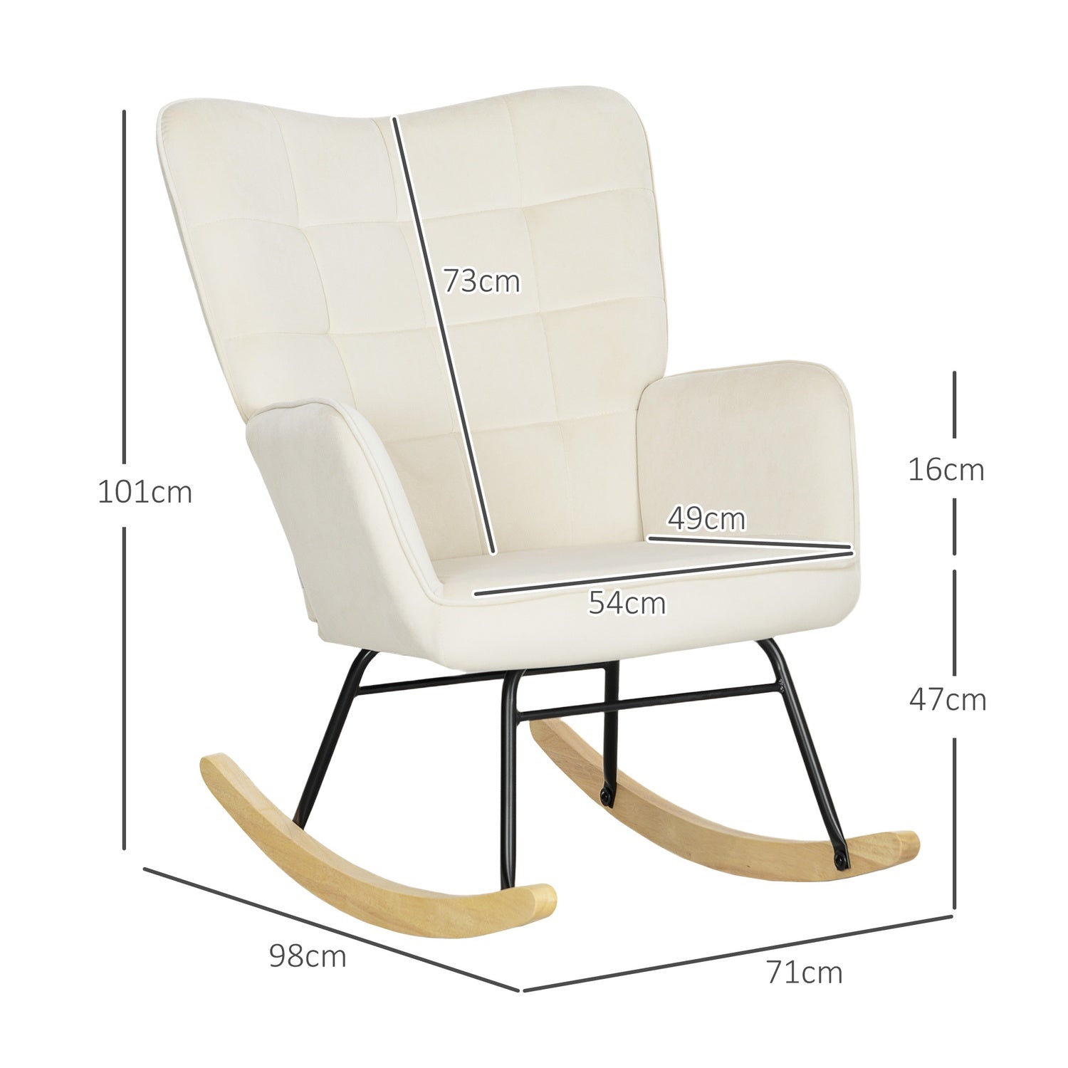 Beige sammets gungfåtölj med trälöpare
