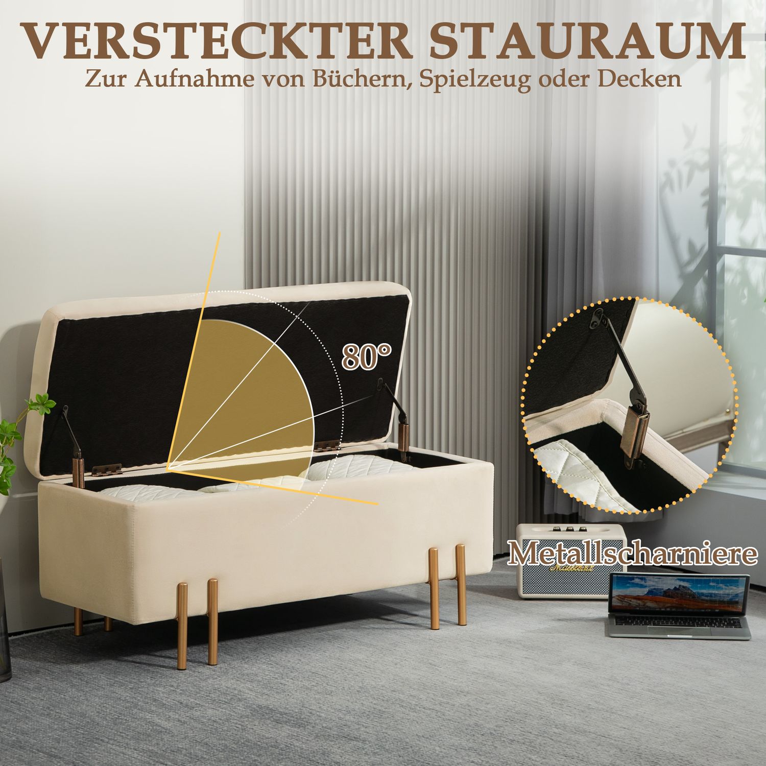 Beige sammetsklädd förvaringsbänk med träben