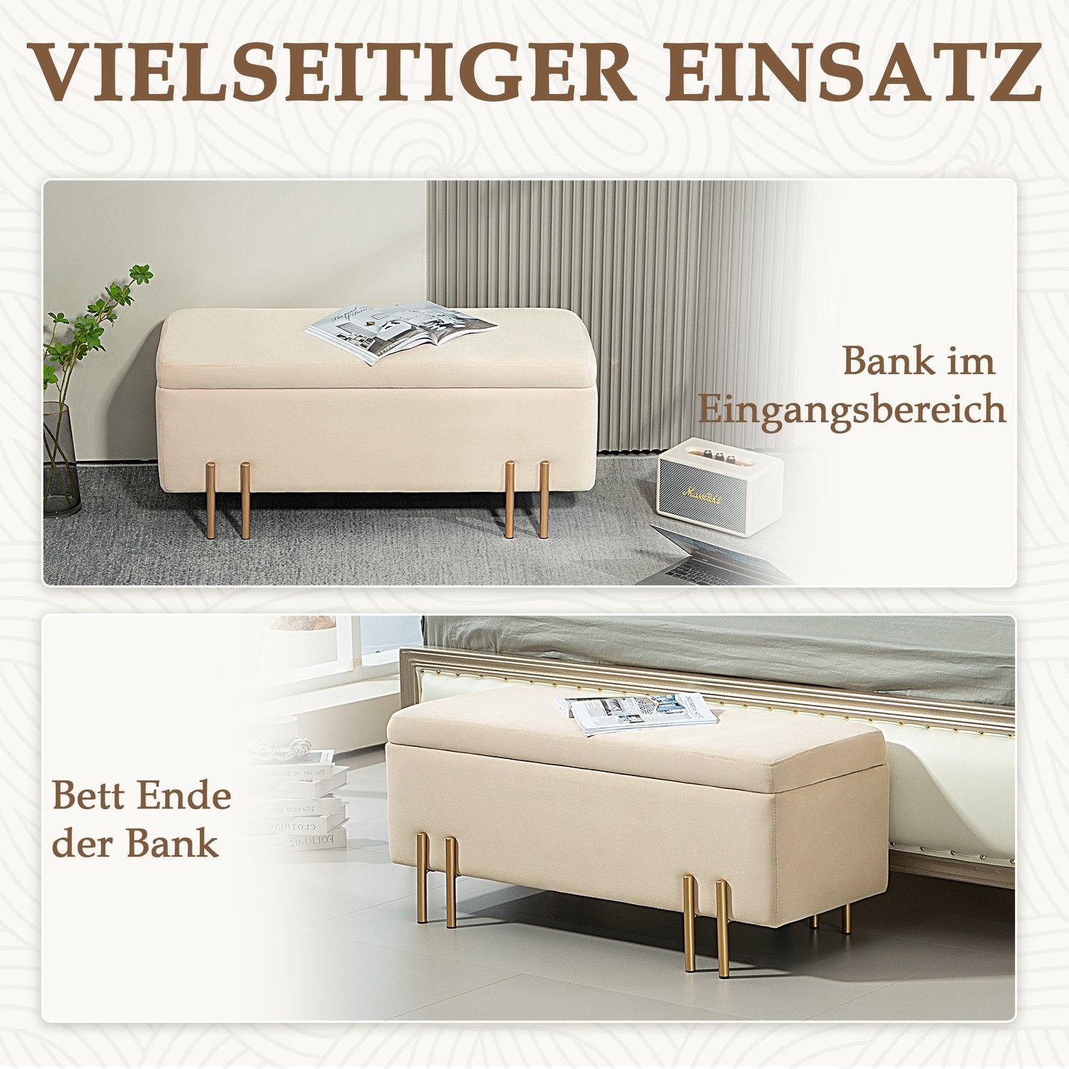 Beige sammetsklädd förvaringsbänk med träben
