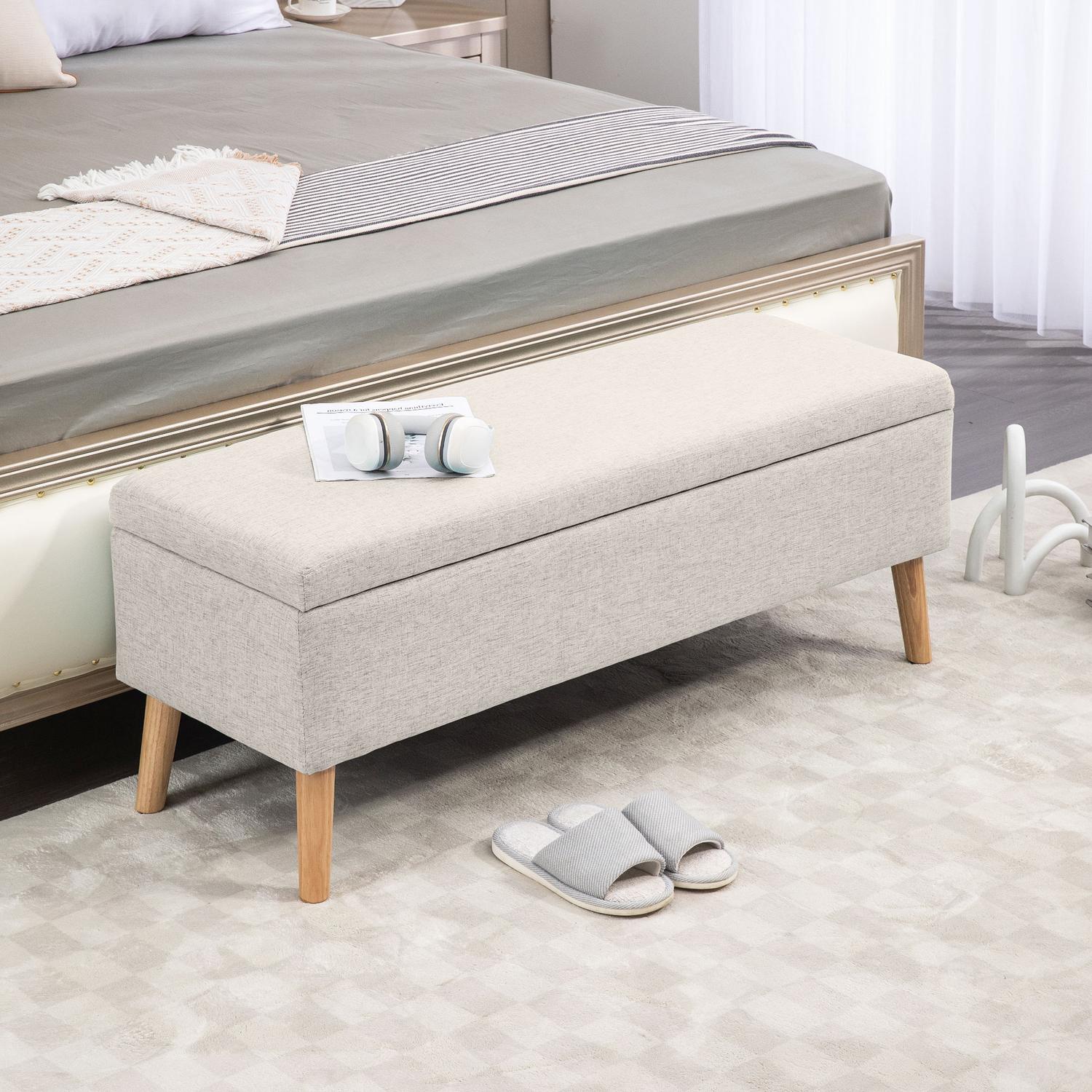Beige stoppad förvaringsbänk – linnelook, 110x39x45 cm
