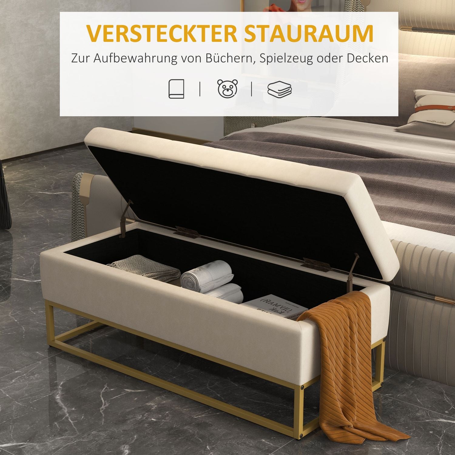 Beige stoppad förvaringsbänk med stålben, 110cm