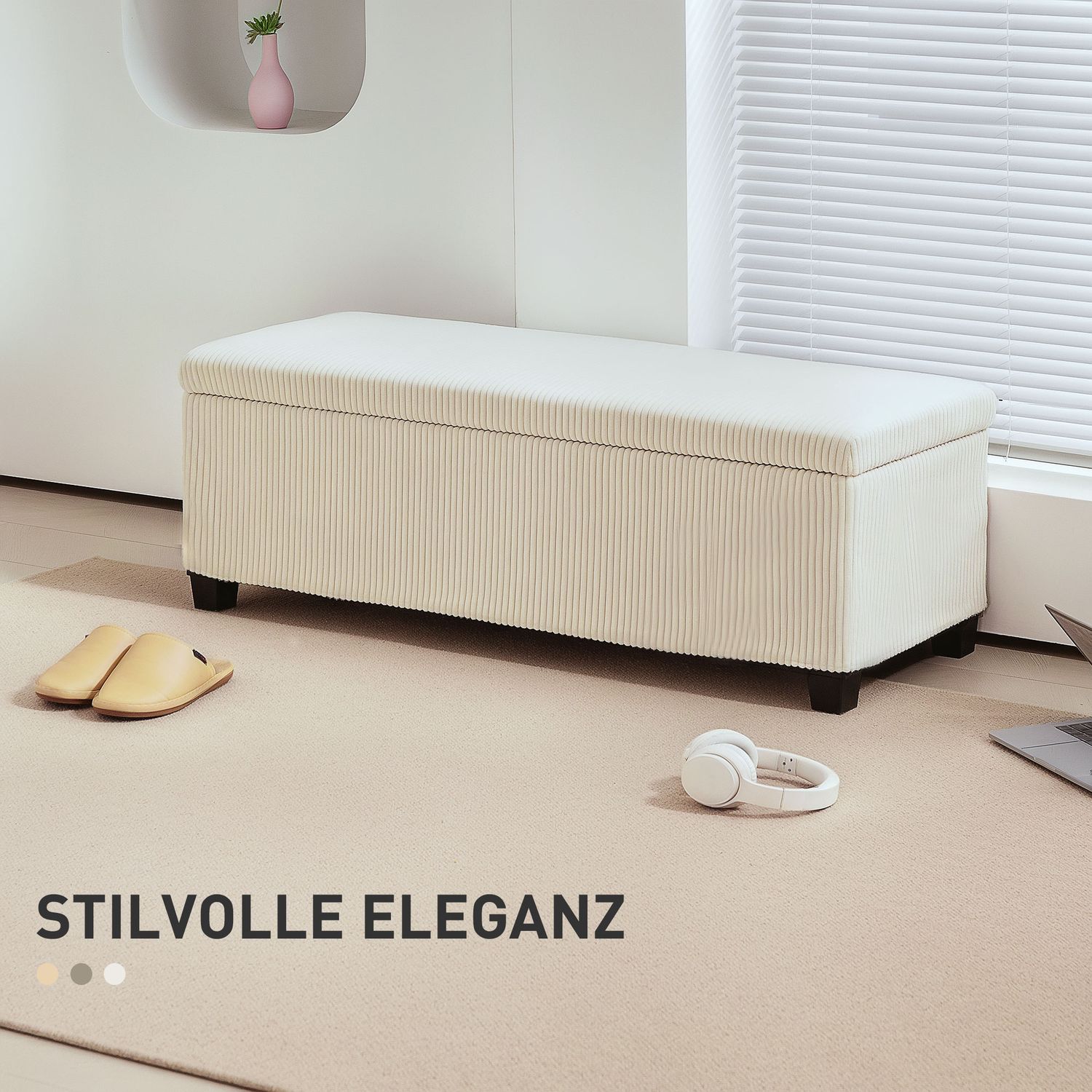 Beige stoppad förvaringsbänk, stålben, 112 x 42 x 40 cm
