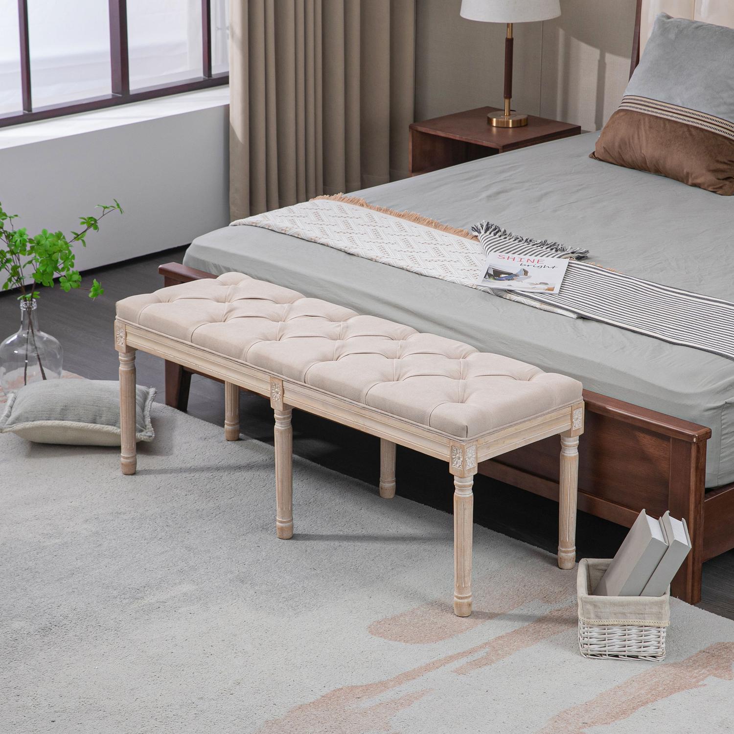 Beige stoppad vintagebänk, linnelook, 117x40x48Cm