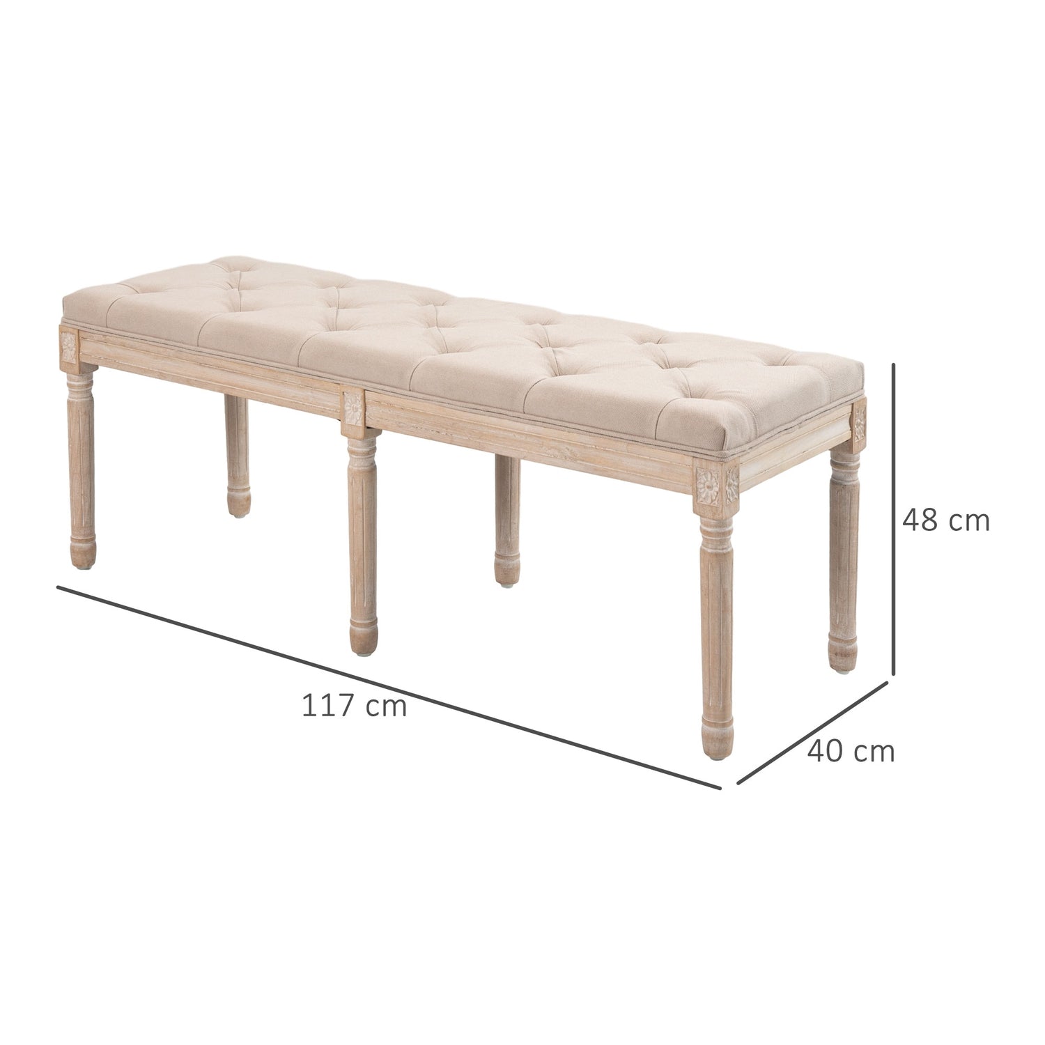 Beige stoppad vintagebänk, linnelook, 117x40x48Cm