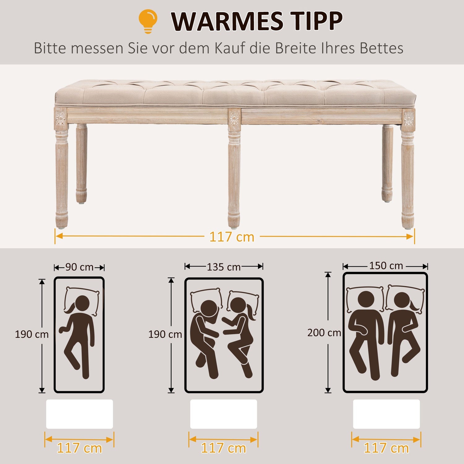 Beige stoppad vintagebänk, linnelook, 117x40x48Cm