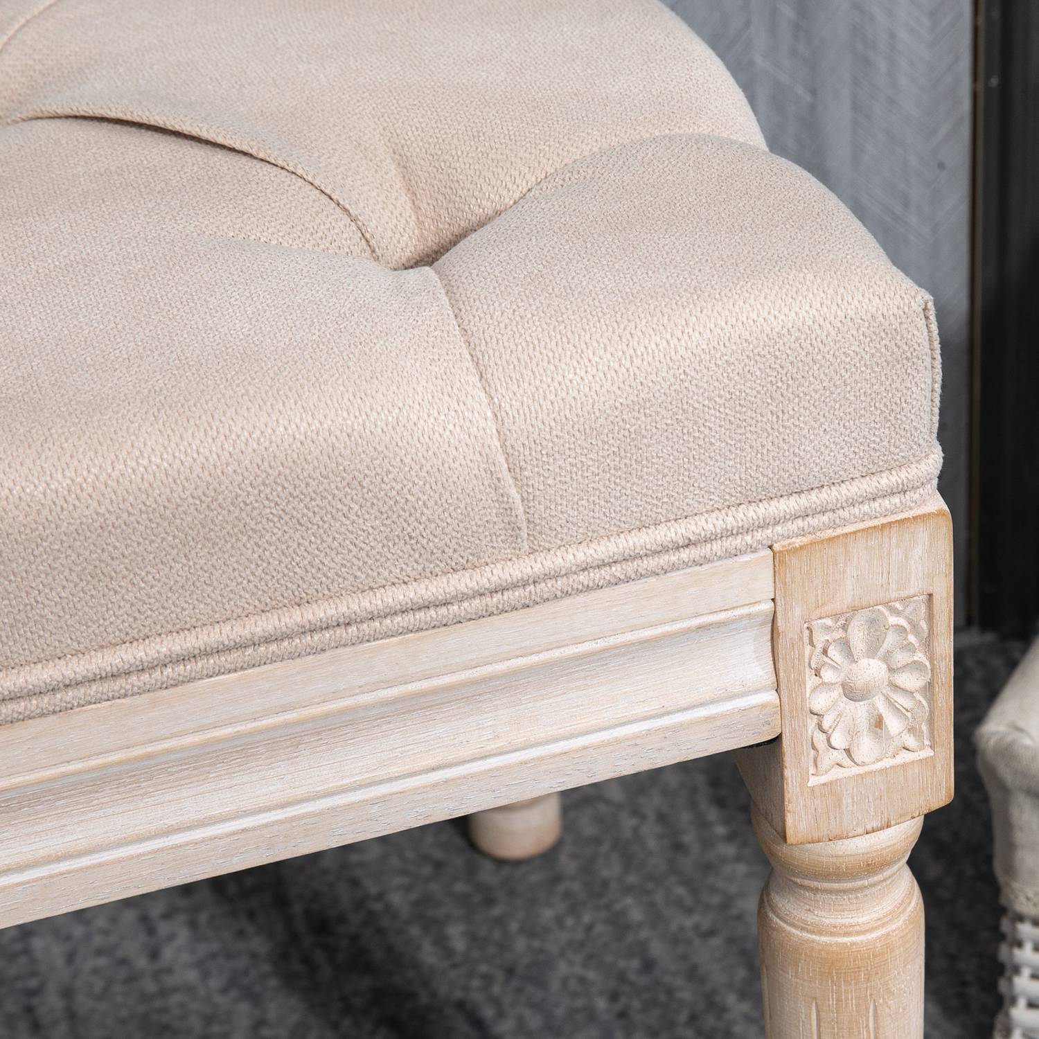 Beige stoppad vintagebänk, linnelook, 117x40x48Cm