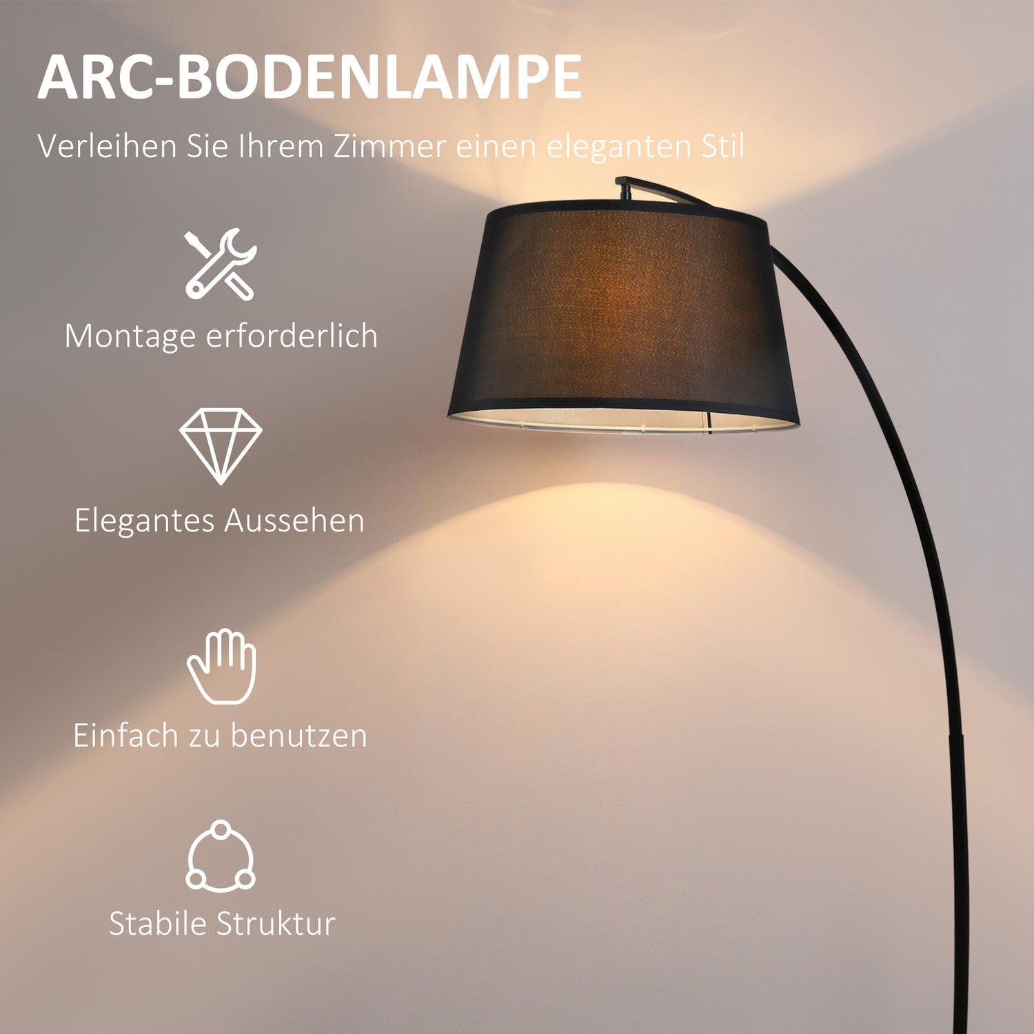 Modern metallbåggolvlampa med svart linneskärm