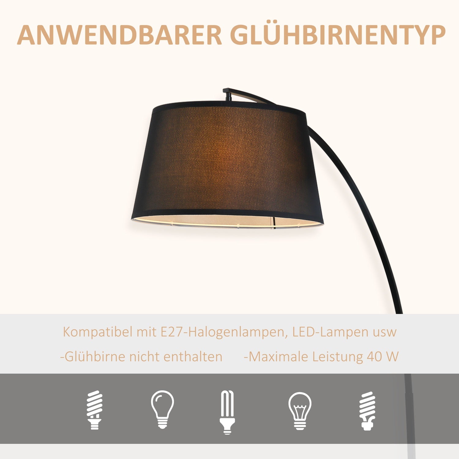 Modern metallbåggolvlampa med svart linneskärm