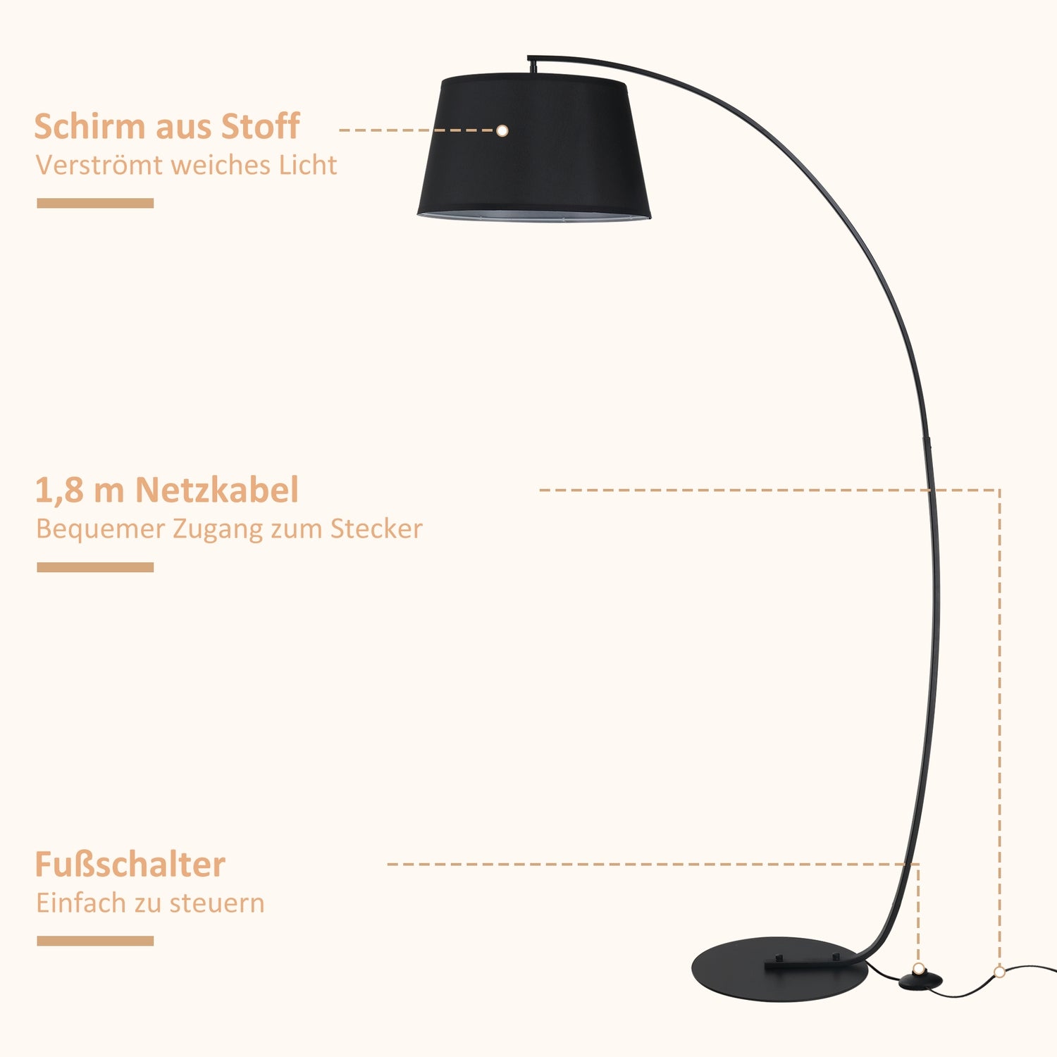 Modern metallbåggolvlampa med svart linneskärm