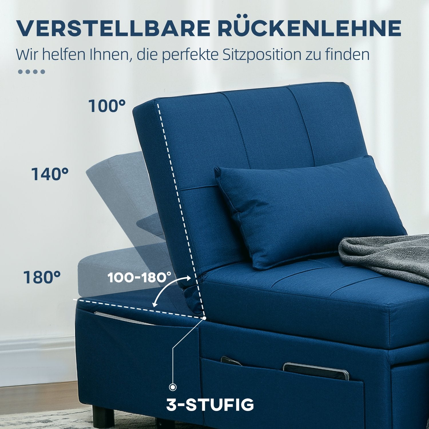 Blå Justerbar 3-i-1 bäddsoffa med sidoficka