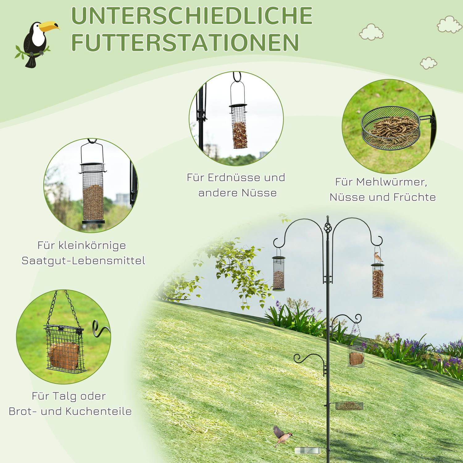 Black Steel Bird Feeding Station Set med badkar & 4 krokar