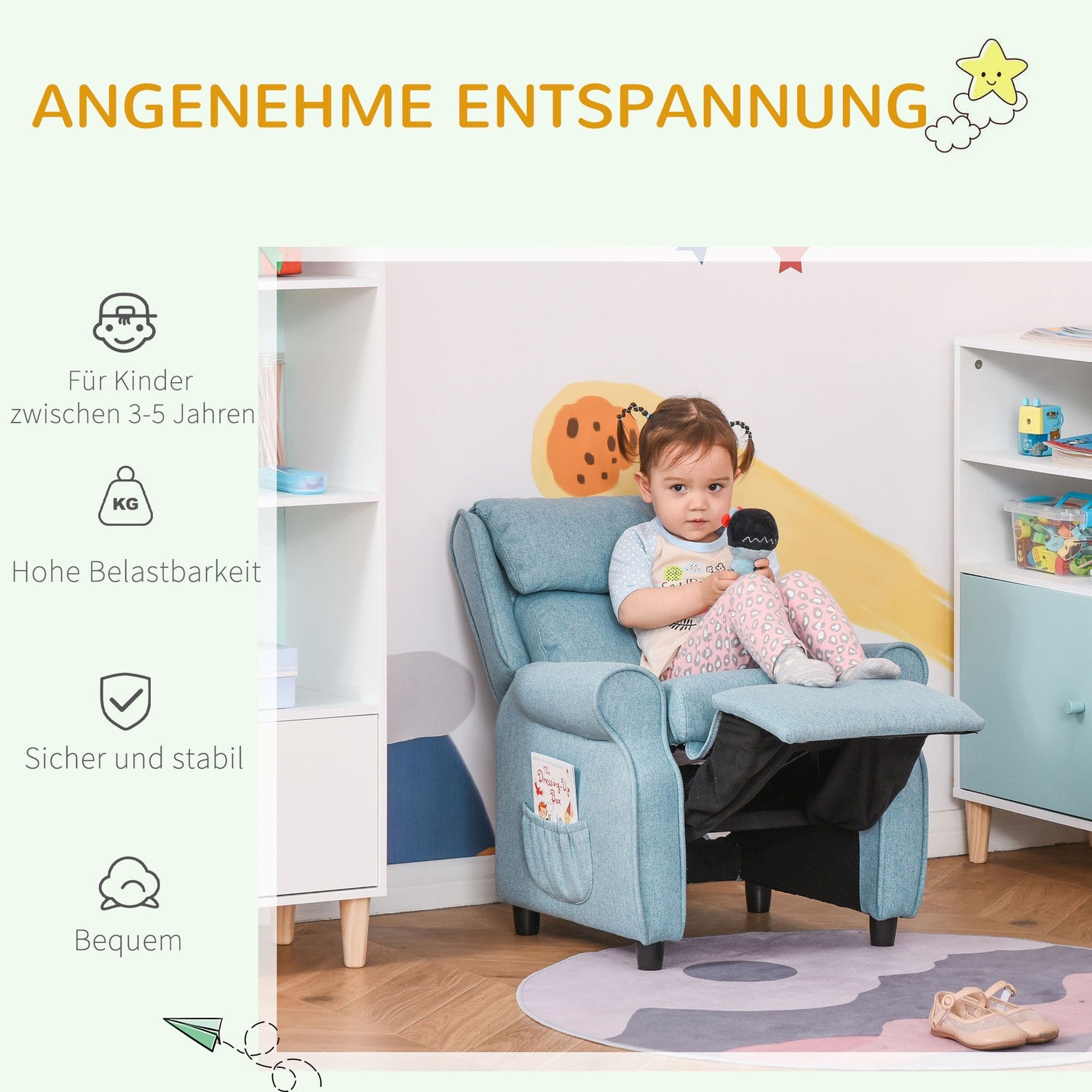 Blå barnsoffa med fällbar sits & fotstöd, 3-5 år