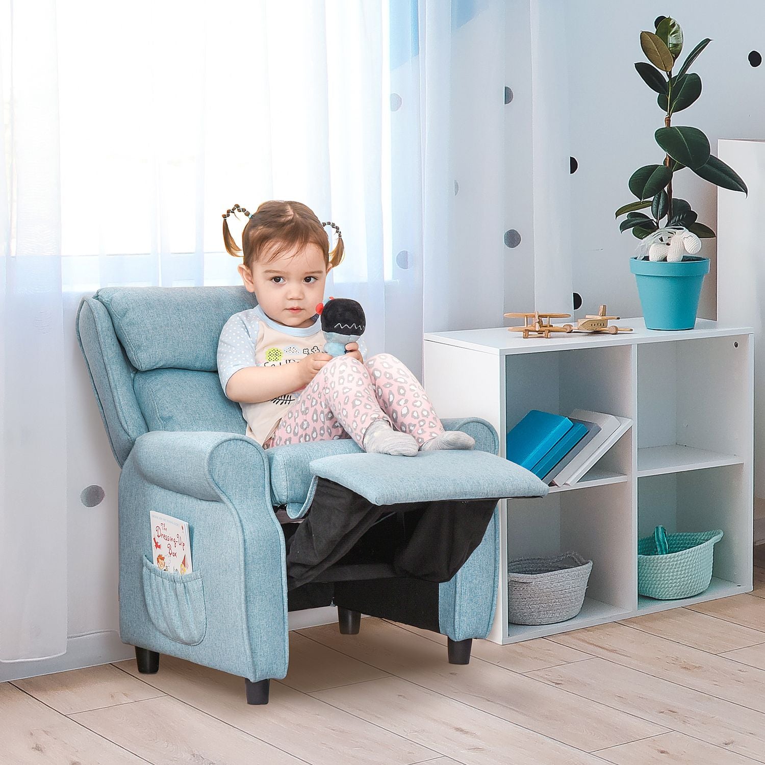 Blå barnsoffa med fällbar sits & fotstöd, 3-5 år