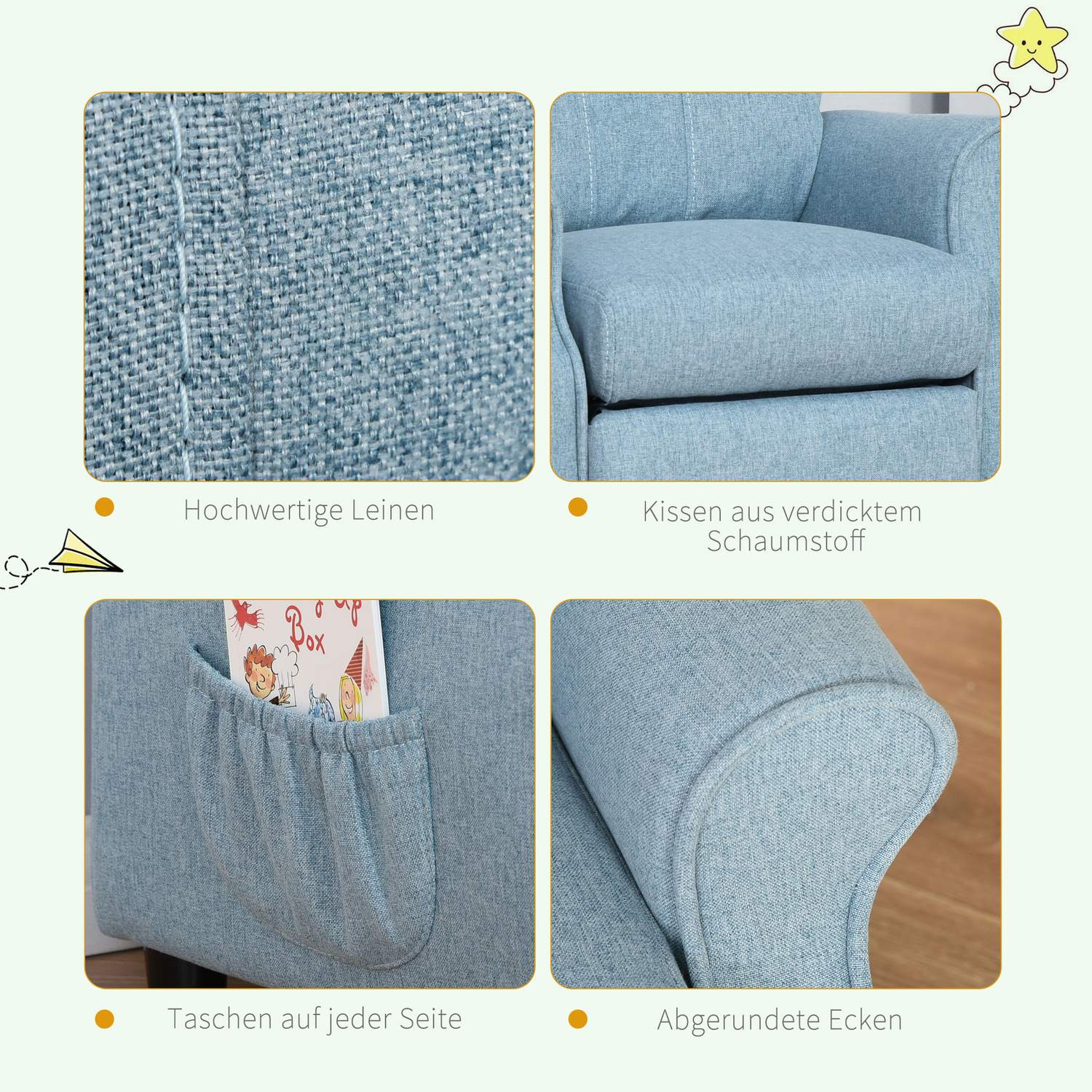 Blå barnsoffa med fällbar sits & fotstöd, 3-5 år