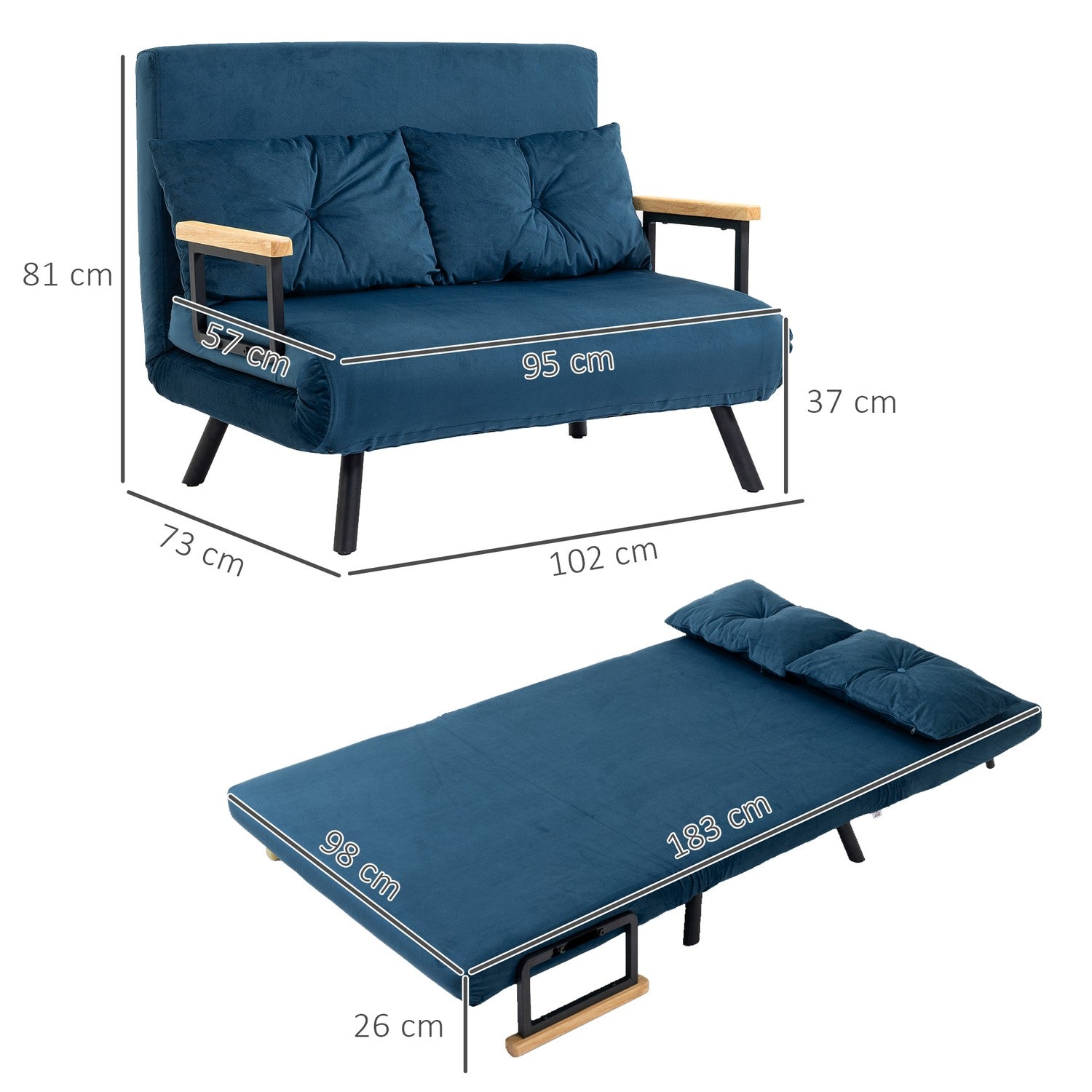 Blue Velvet bäddsoffa, justerbart ryggstöd, hopfällbar design