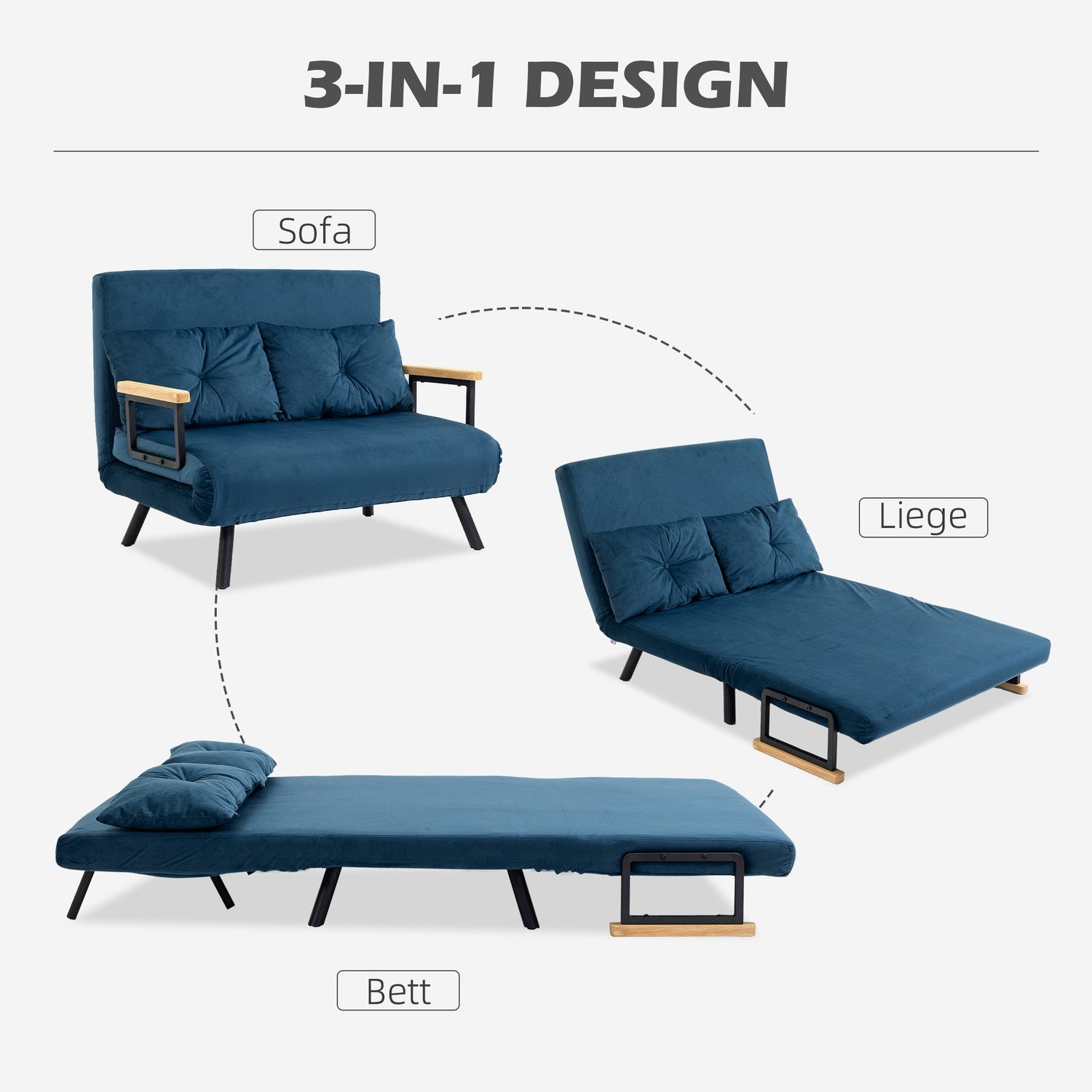 Blue Velvet bäddsoffa, justerbart ryggstöd, hopfällbar design