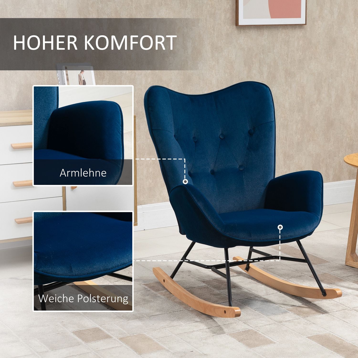 Blue Velvet gungstol med armstöd och hög komfort vaddering