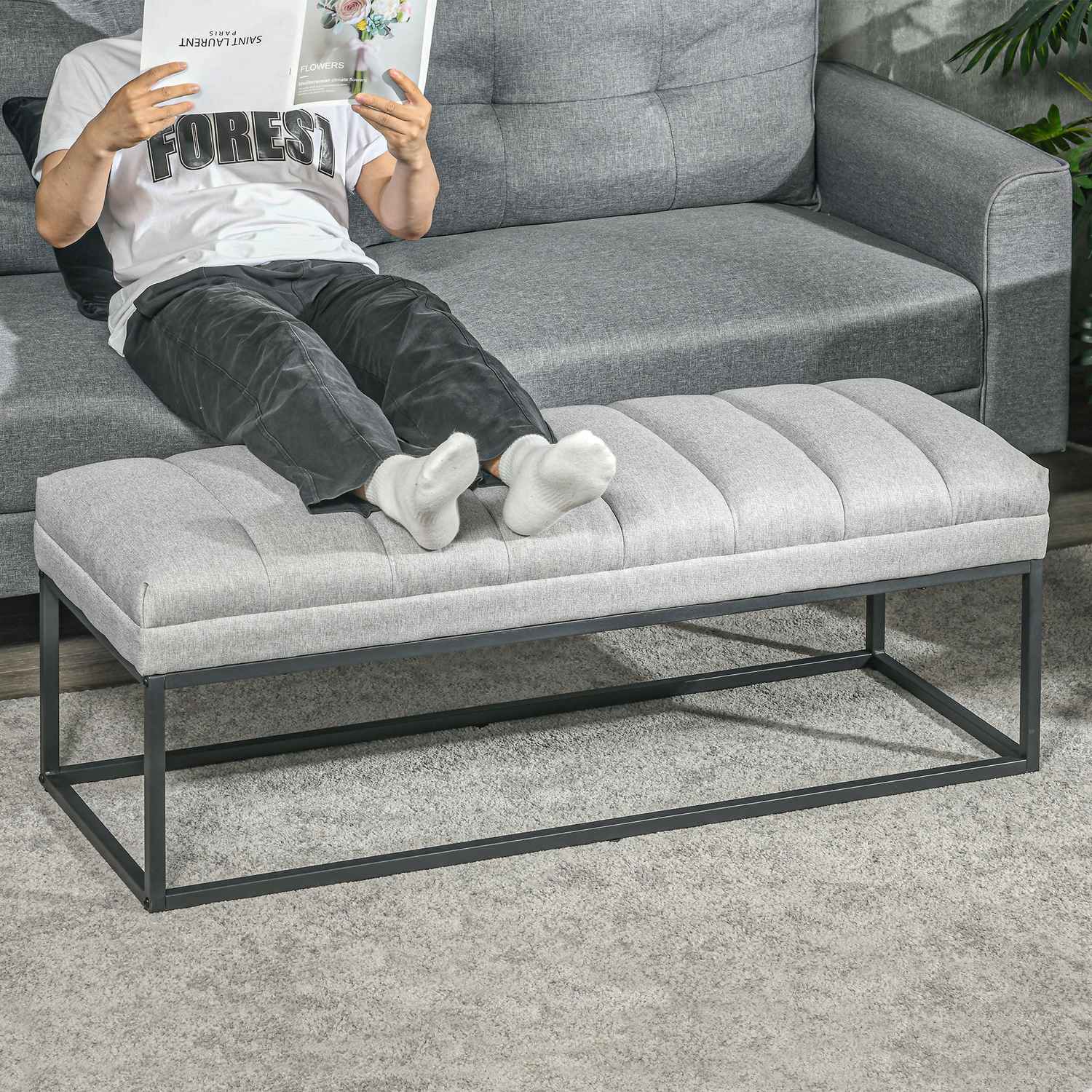 Klädd sängbänk, ljusgrå linne, 120x44x45,5 cm, 200 kg kapacitet