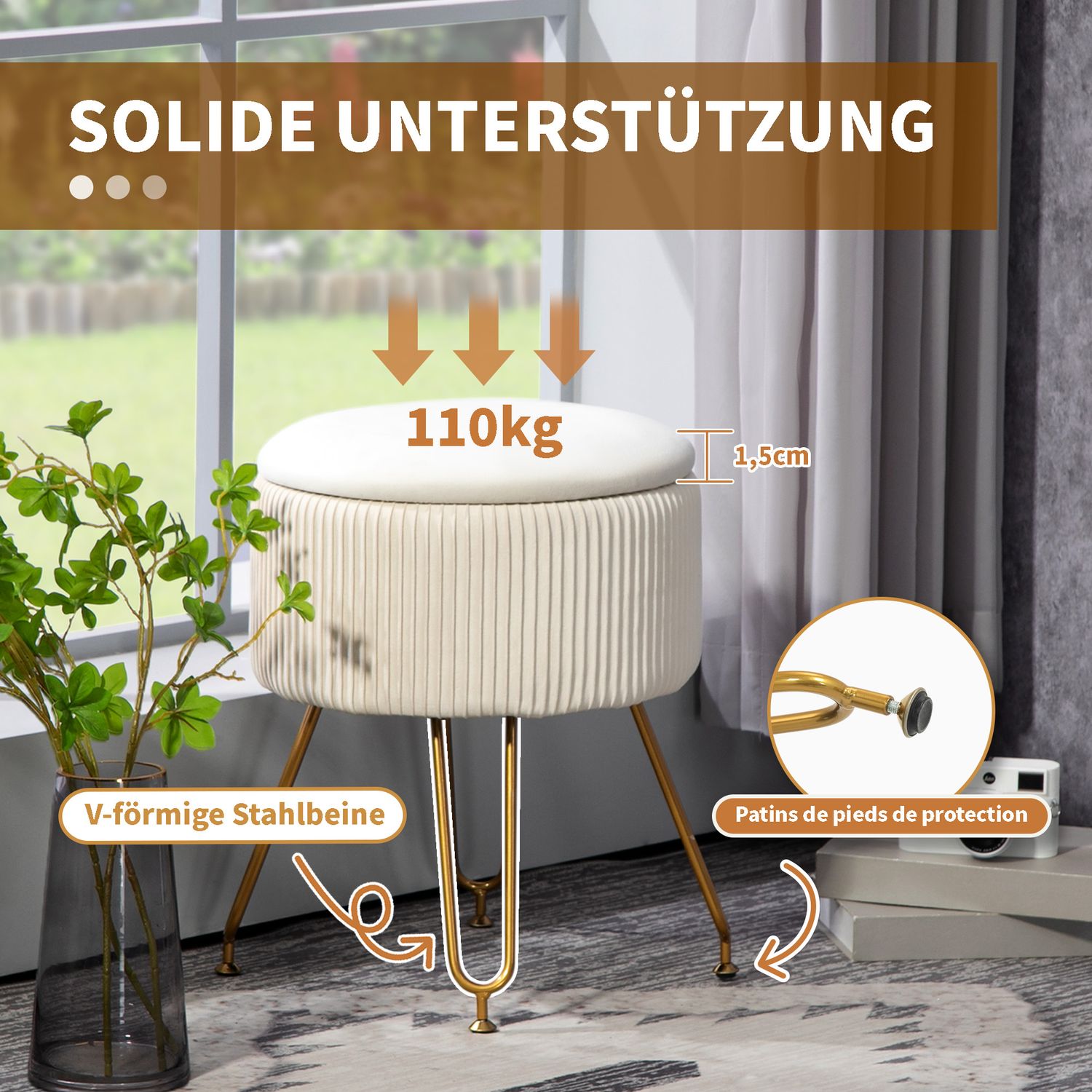 Förvaringsbänk, sammetsklädd, krämfärgad, stålram