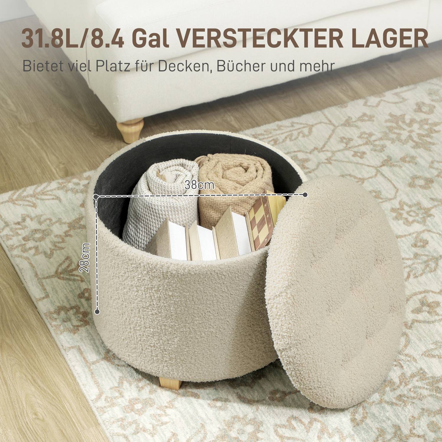 Klädd förvaringsbänk, trästomme, krämvit