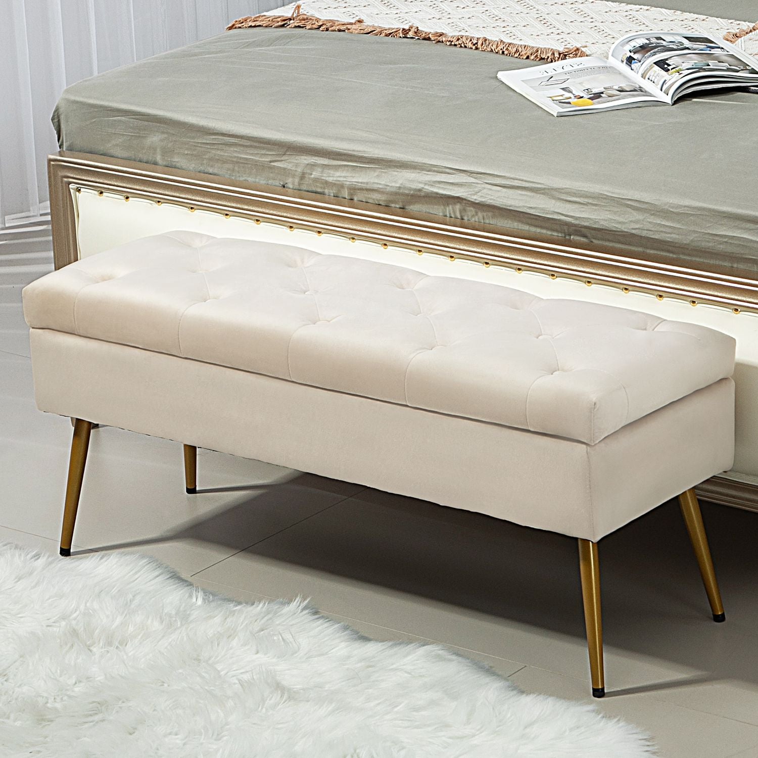 Klädd förvaringsbänk, sammetslook, beige, 102 x 35 x 43 cm