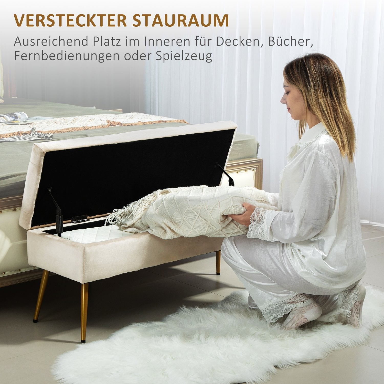 Klädd förvaringsbänk, sammetslook, beige, 102 x 35 x 43 cm