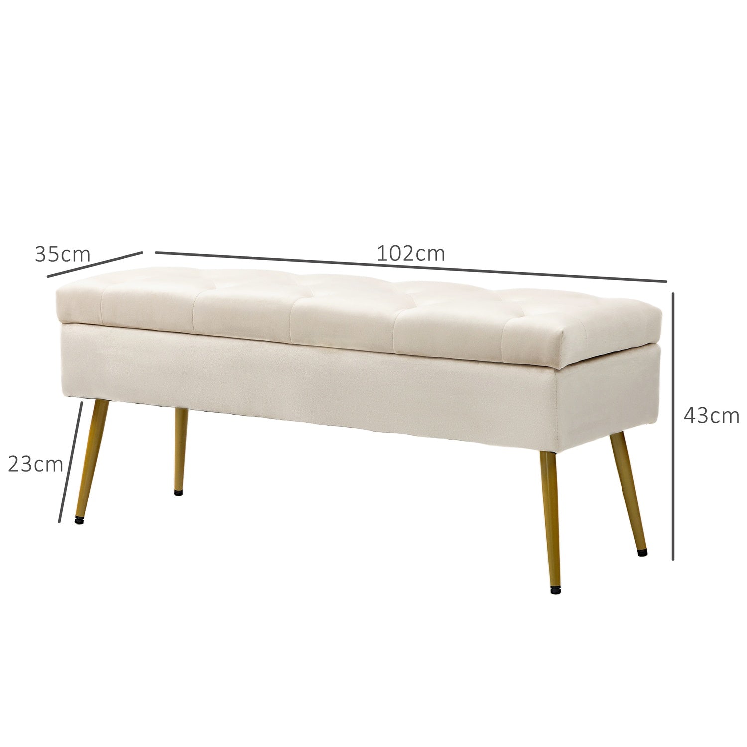 Klädd förvaringsbänk, sammetslook, beige, 102 x 35 x 43 cm
